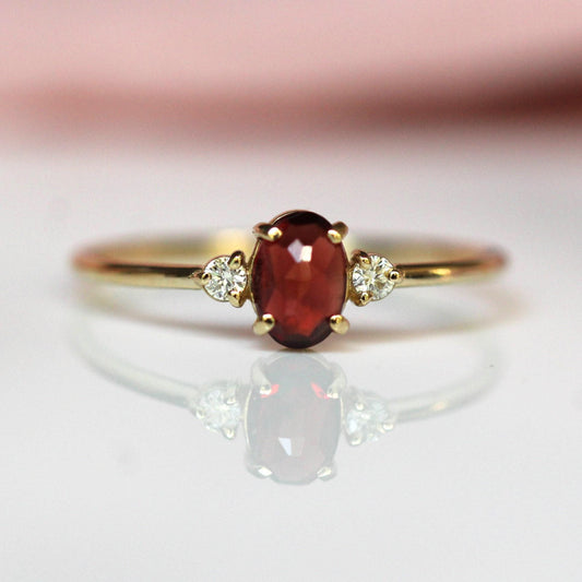 14K Gold Garnet Diamond Ring, Three Stone Ring, 10K Gemstone Ring, Red Stone Ring, Oval Stone, Rose-cut Oval, Solid Gold, January Birthstone