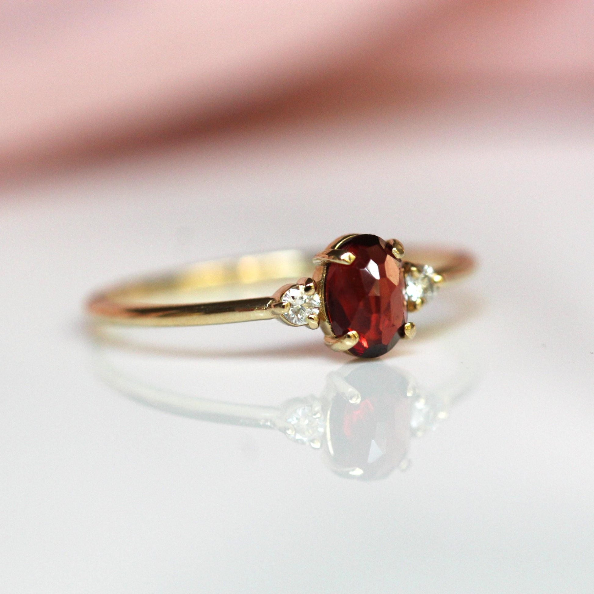 14K Gold Garnet Diamond Ring, Three Stone Ring, 10K Gemstone Ring, Red Stone Ring, Oval Stone, Rose-cut Oval, Solid Gold, January Birthstone
