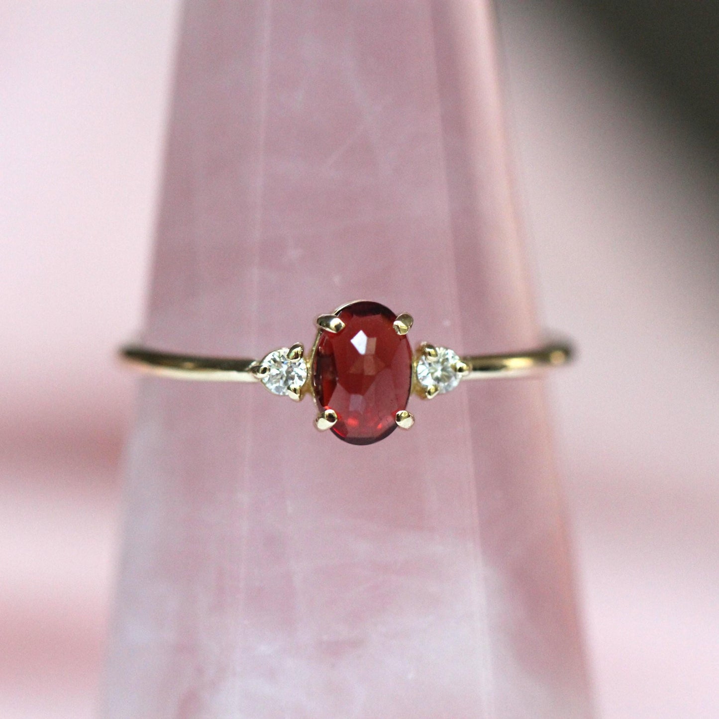 14K Gold Garnet Diamond Ring, Three Stone Ring, 10K Gemstone Ring, Red Stone Ring, Oval Stone, Rose-cut Oval, Solid Gold, January Birthstone