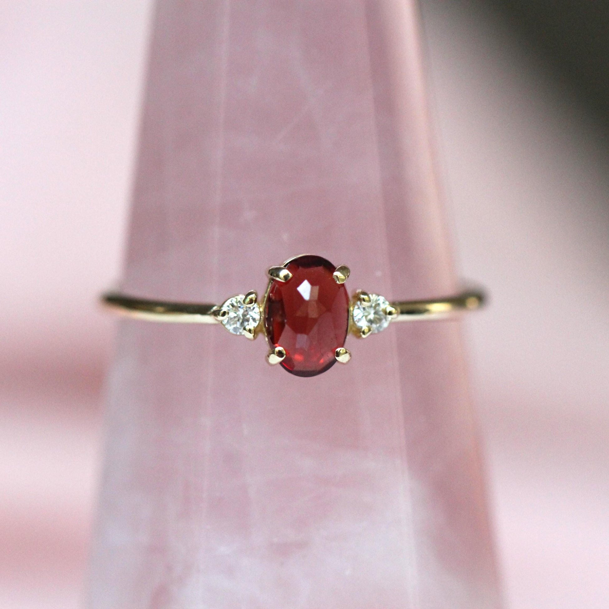 14K Gold Garnet Diamond Ring, Three Stone Ring, 10K Gemstone Ring, Red Stone Ring, Oval Stone, Rose-cut Oval, Solid Gold, January Birthstone