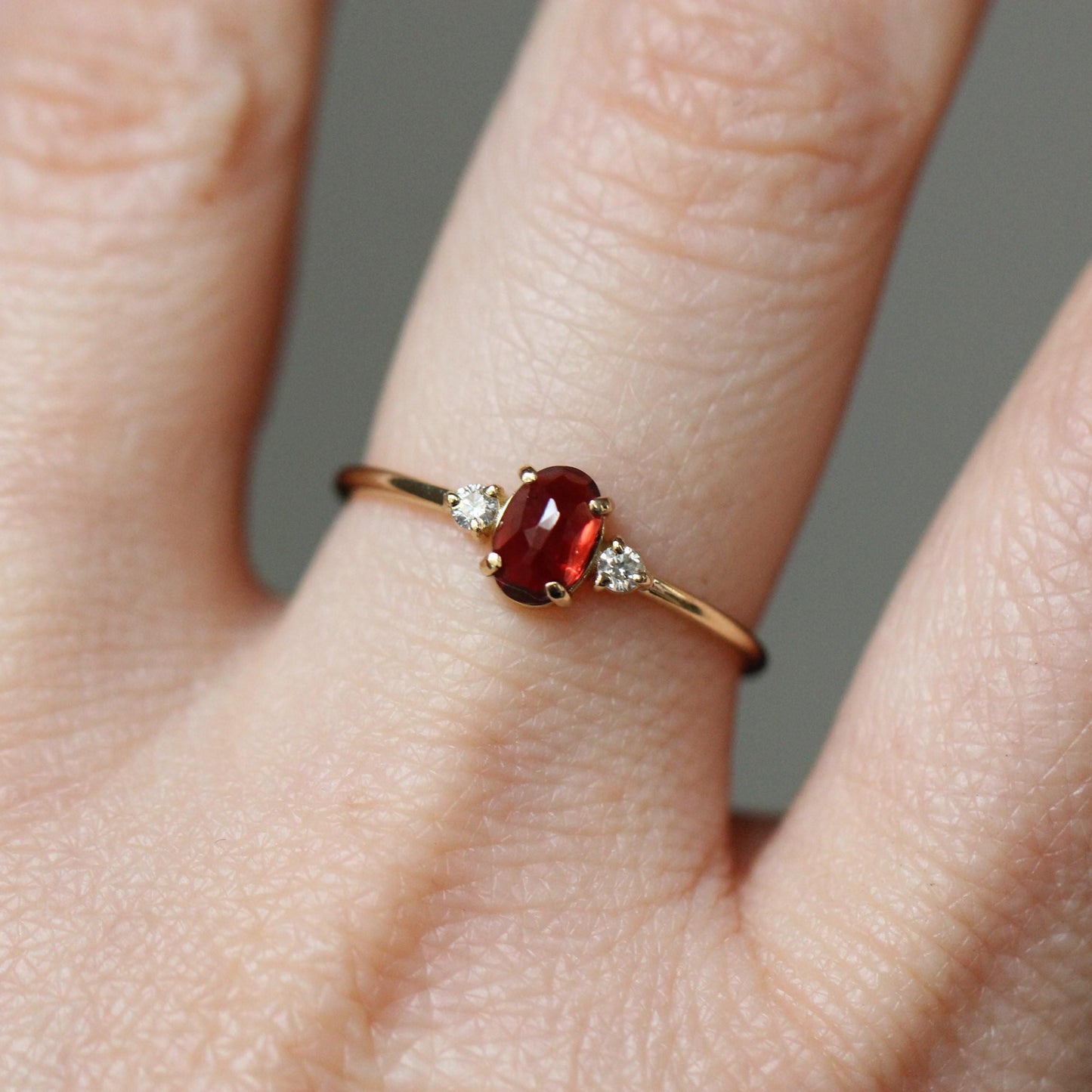 14K Gold Garnet Diamond Ring, Three Stone Ring, 10K Gemstone Ring, Red Stone Ring, Oval Stone, Rose-cut Oval, Solid Gold, January Birthstone