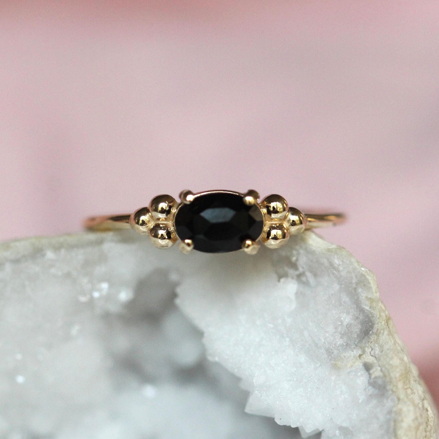 14K Onyx Triple Bead Ring, Rose-cut Oval Onyx, Black Stone Ring, 10K Gold, Solid Gold Ring, Accented Stone, East West Oval, Low Profile