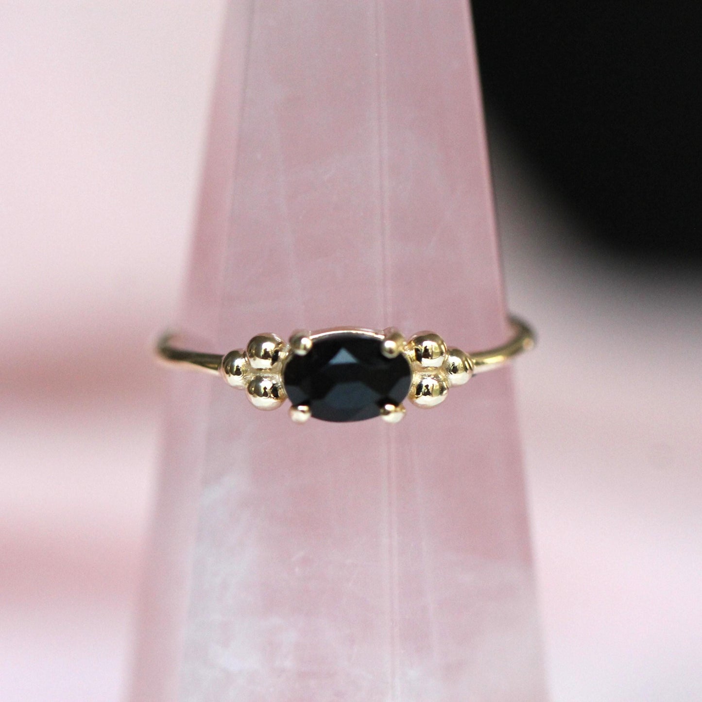 14K Onyx Triple Bead Ring, Rose-cut Oval Onyx, Black Stone Ring, 10K Gold, Solid Gold Ring, Accented Stone, East West Oval, Low Profile