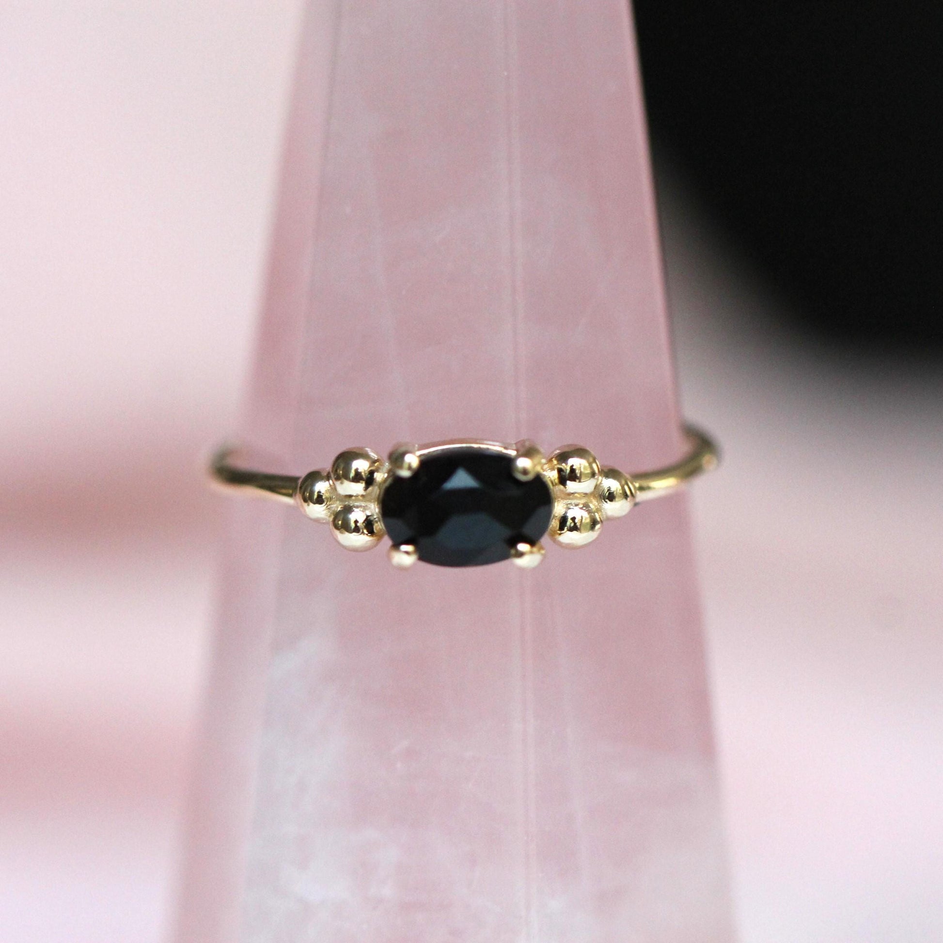 14K Onyx Triple Bead Ring, Rose-cut Oval Onyx, Black Stone Ring, 10K Gold, Solid Gold Ring, Accented Stone, East West Oval, Low Profile
