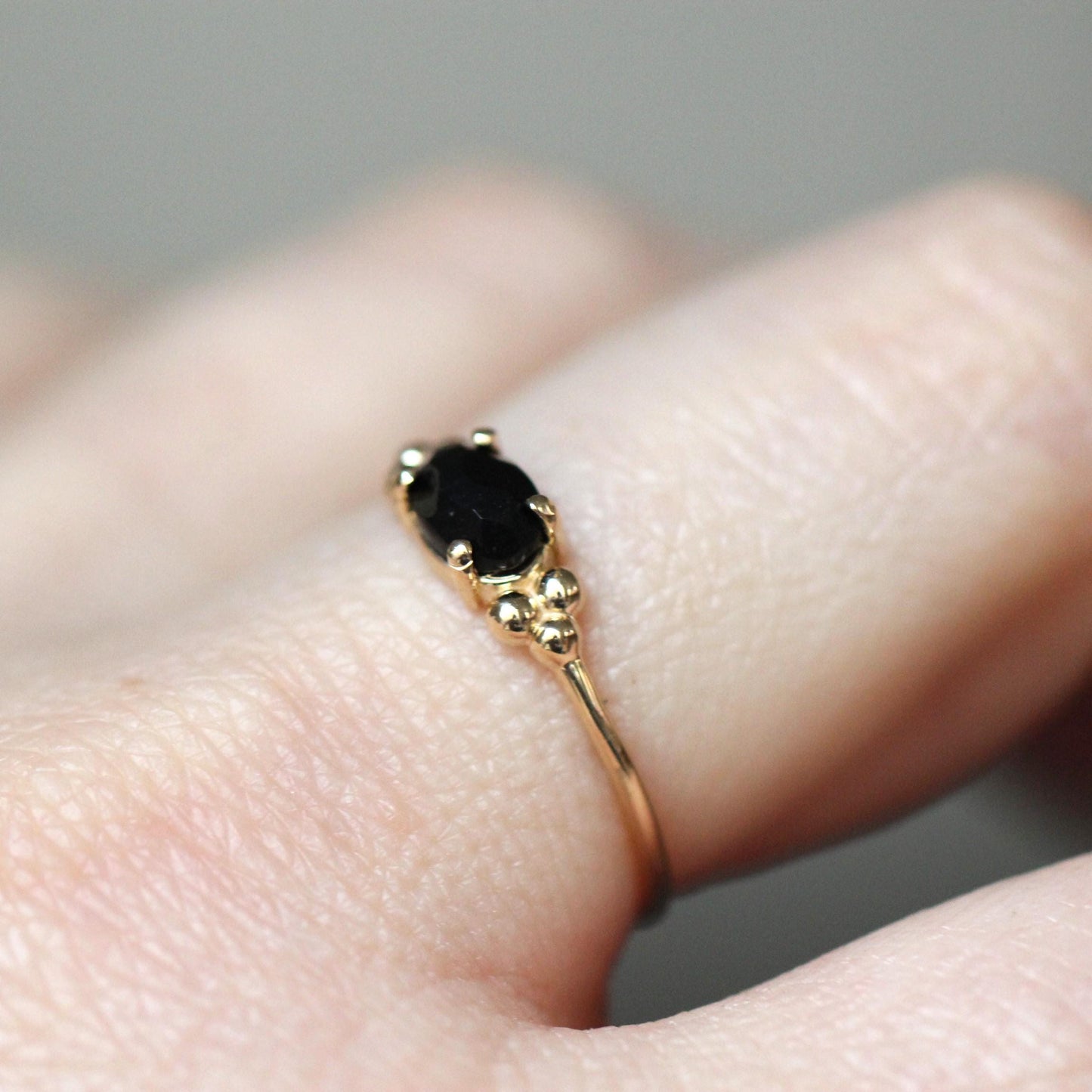 14K Onyx Triple Bead Ring, Rose-cut Oval Onyx, Black Stone Ring, 10K Gold, Solid Gold Ring, Accented Stone, East West Oval, Low Profile