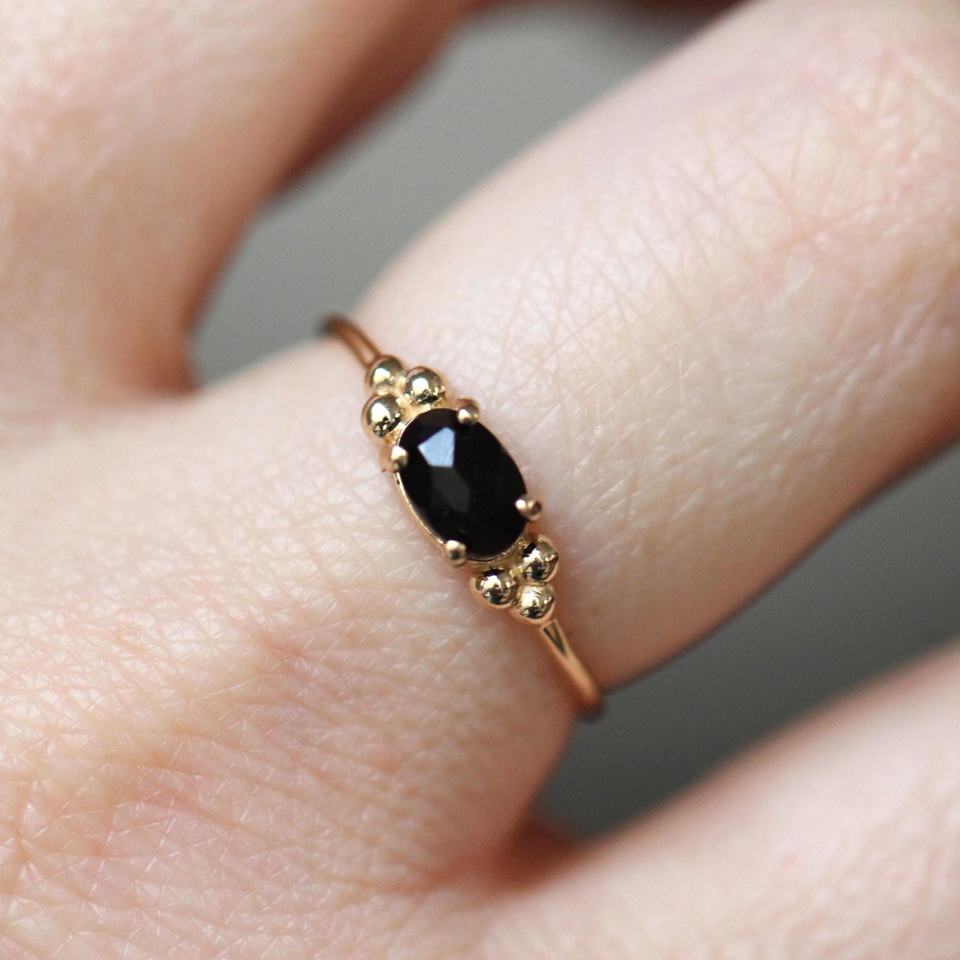 14K Onyx Triple Bead Ring, Rose-cut Oval Onyx, Black Stone Ring, 10K Gold, Solid Gold Ring, Accented Stone, East West Oval, Low Profile