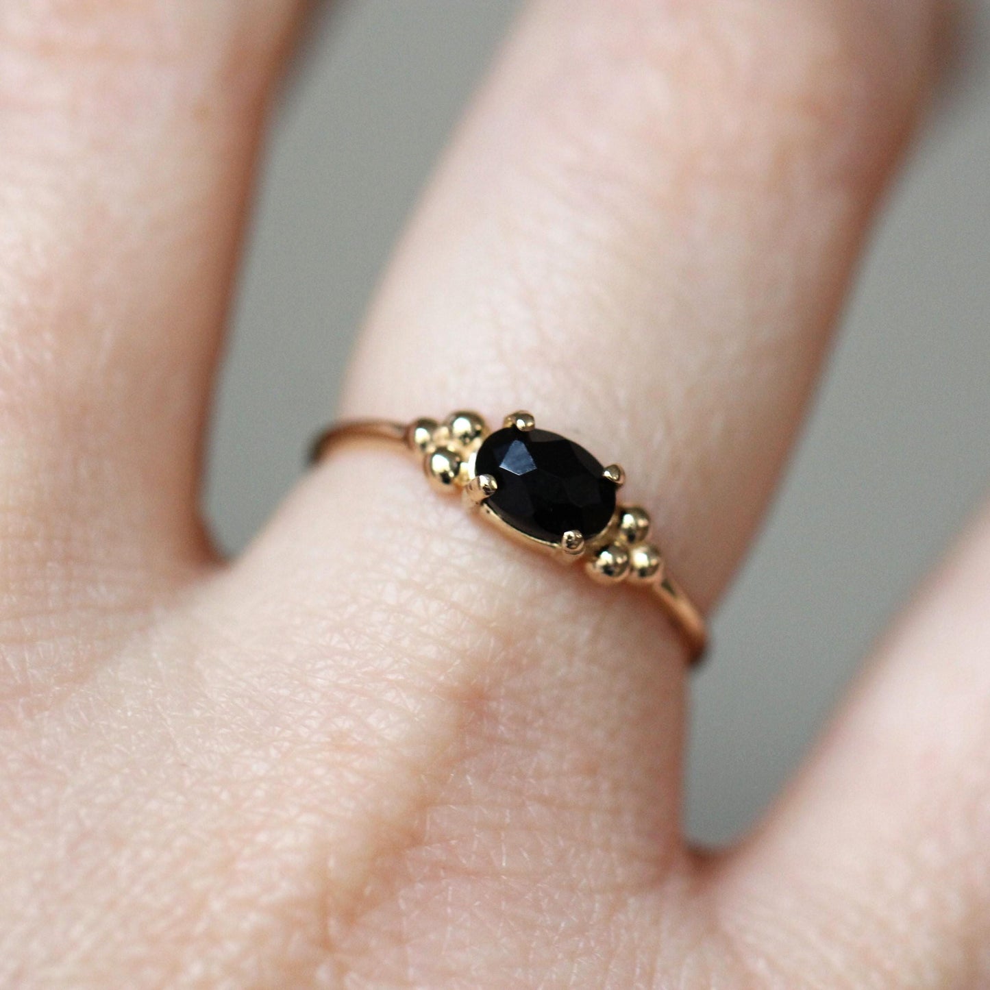 14K Onyx Triple Bead Ring, Rose-cut Oval Onyx, Black Stone Ring, 10K Gold, Solid Gold Ring, Accented Stone, East West Oval, Low Profile