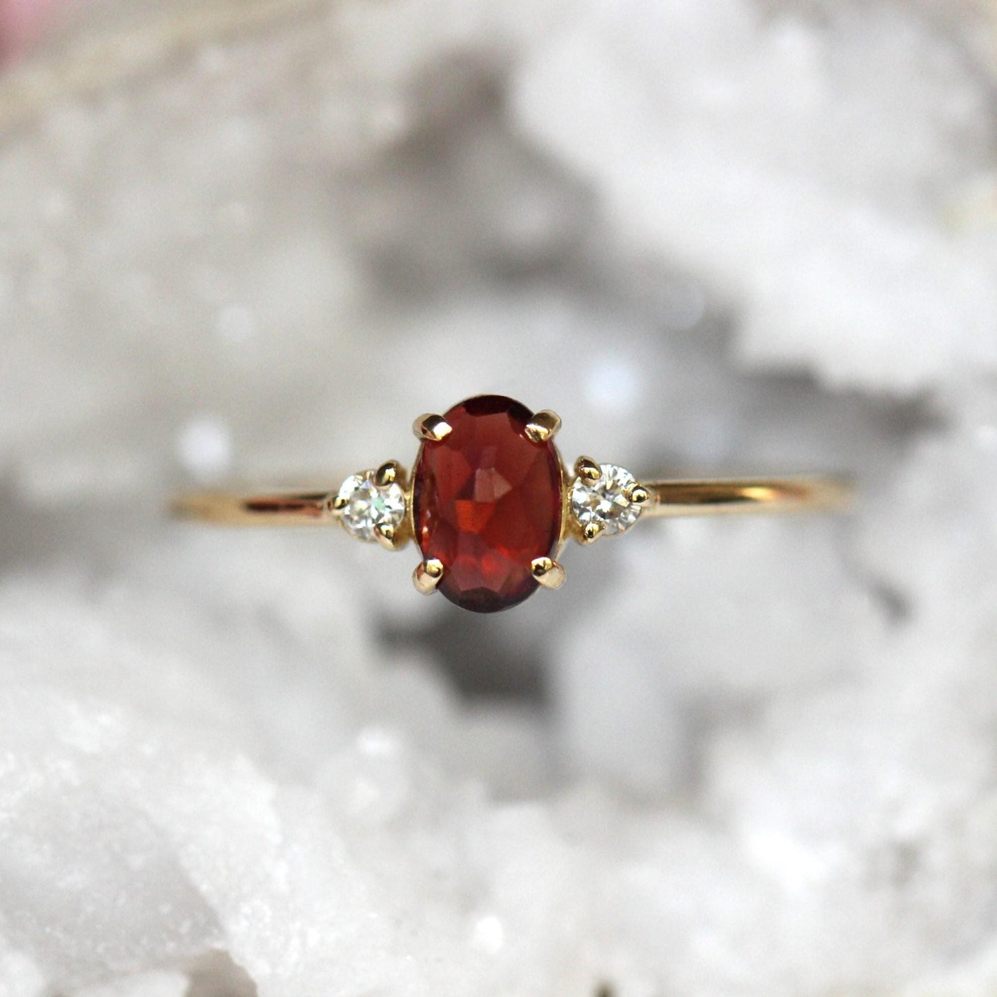 14K Gold Garnet Diamond Ring, Three Stone Ring, 10K Gemstone Ring, Red Stone Ring, Oval Stone, Rose-cut Oval, Solid Gold, January Birthstone