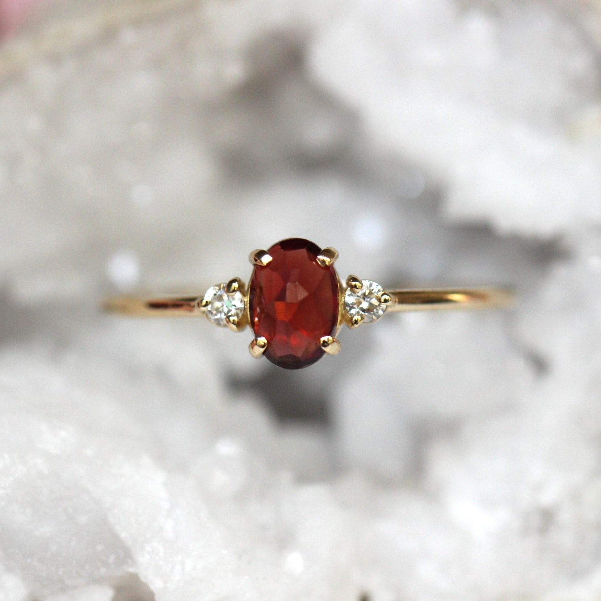 14K Gold Garnet Diamond Ring, Three Stone Ring, 10K Gemstone Ring, Red Stone Ring, Oval Stone, Rose-cut Oval, Solid Gold, January Birthstone