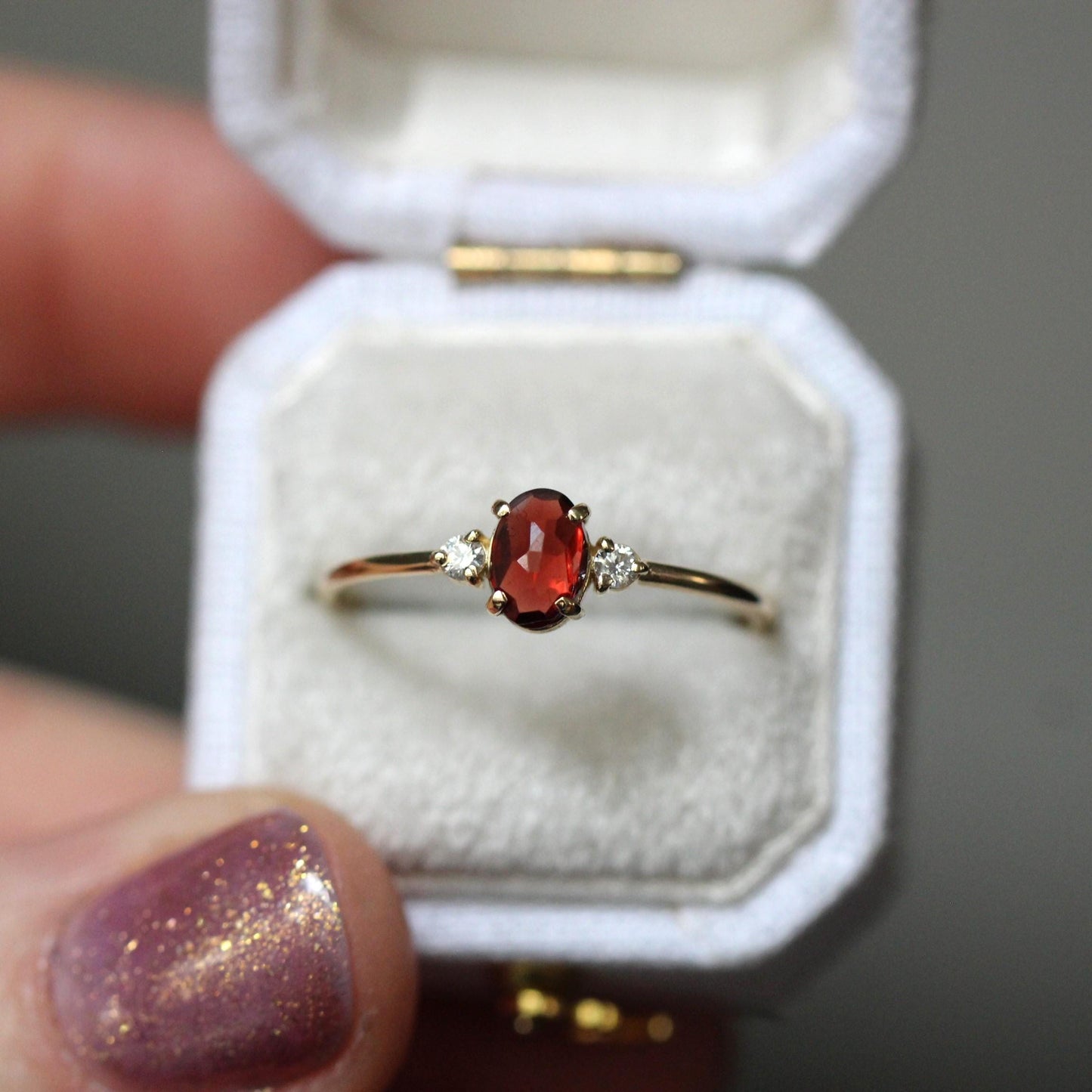 14K Gold Garnet Diamond Ring, Three Stone Ring, 10K Gemstone Ring, Red Stone Ring, Oval Stone, Rose-cut Oval, Solid Gold, January Birthstone