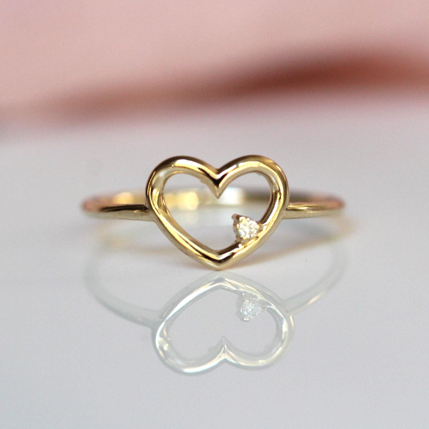 14K Heart Ring, Diamond Heart Ring, Open Heart Ring, Sold Gold Heart Ring, Gifts For Her, Asymmetrical Diamond, Cute Ring, Real Gold, 10K