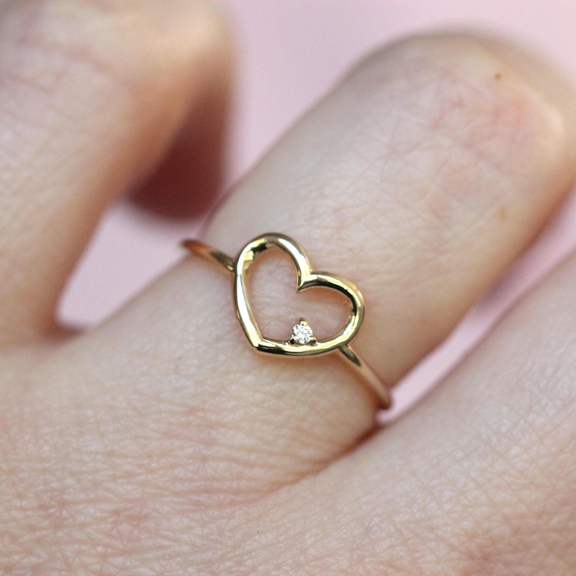 14K Heart Ring, Diamond Heart Ring, Open Heart Ring, Sold Gold Heart Ring, Gifts For Her, Asymmetrical Diamond, Cute Ring, Real Gold, 10K