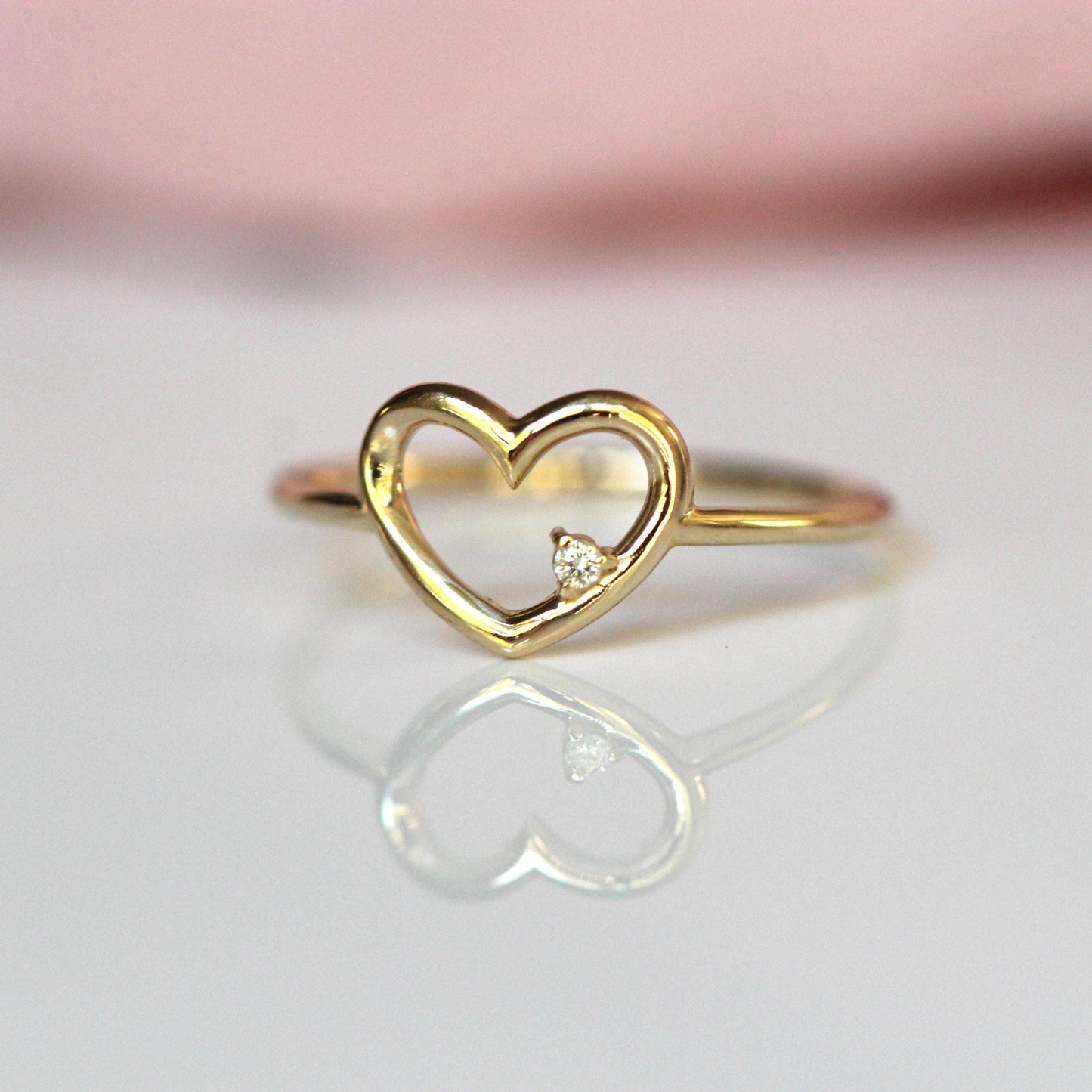 14K Heart Ring, Diamond Heart Ring, Open Heart Ring, Sold Gold Heart Ring, Gifts For Her, Asymmetrical Diamond, Cute Ring, Real Gold, 10K