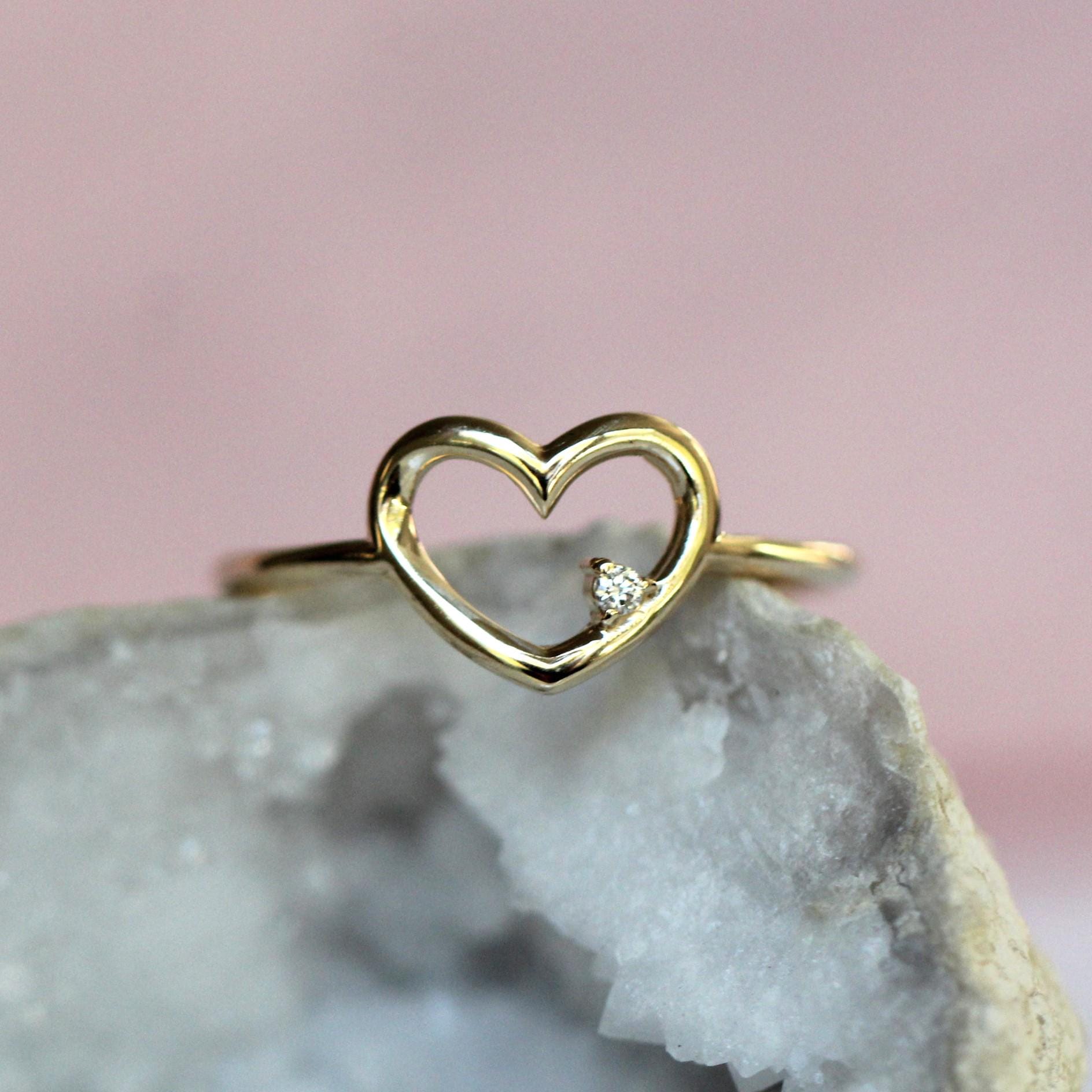 14K Heart Ring, Diamond Heart Ring, Open Heart Ring, Sold Gold Heart Ring, Gifts For Her, Asymmetrical Diamond, Cute Ring, Real Gold, 10K