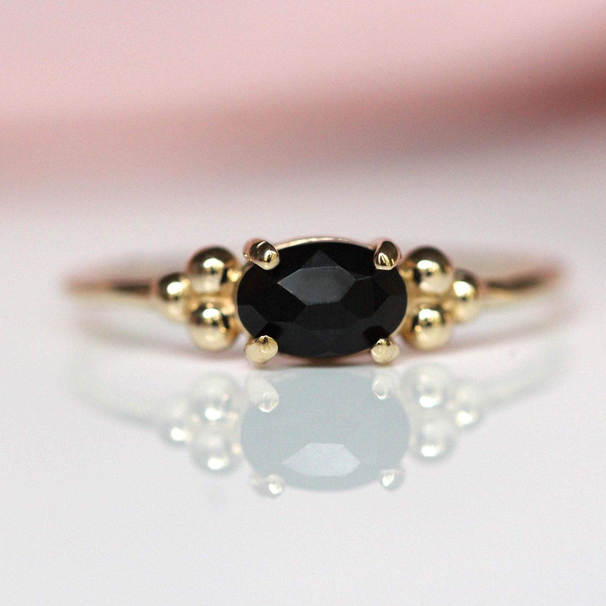 14K Onyx Triple Bead Ring, Rose-cut Oval Onyx, Black Stone Ring, 10K Gold, Solid Gold Ring, Accented Stone, East West Oval, Low Profile