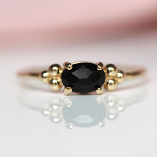 14K Onyx Triple Bead Ring, Rose-cut Oval Onyx, Black Stone Ring, 10K Gold, Solid Gold Ring, Accented Stone, East West Oval, Low Profile