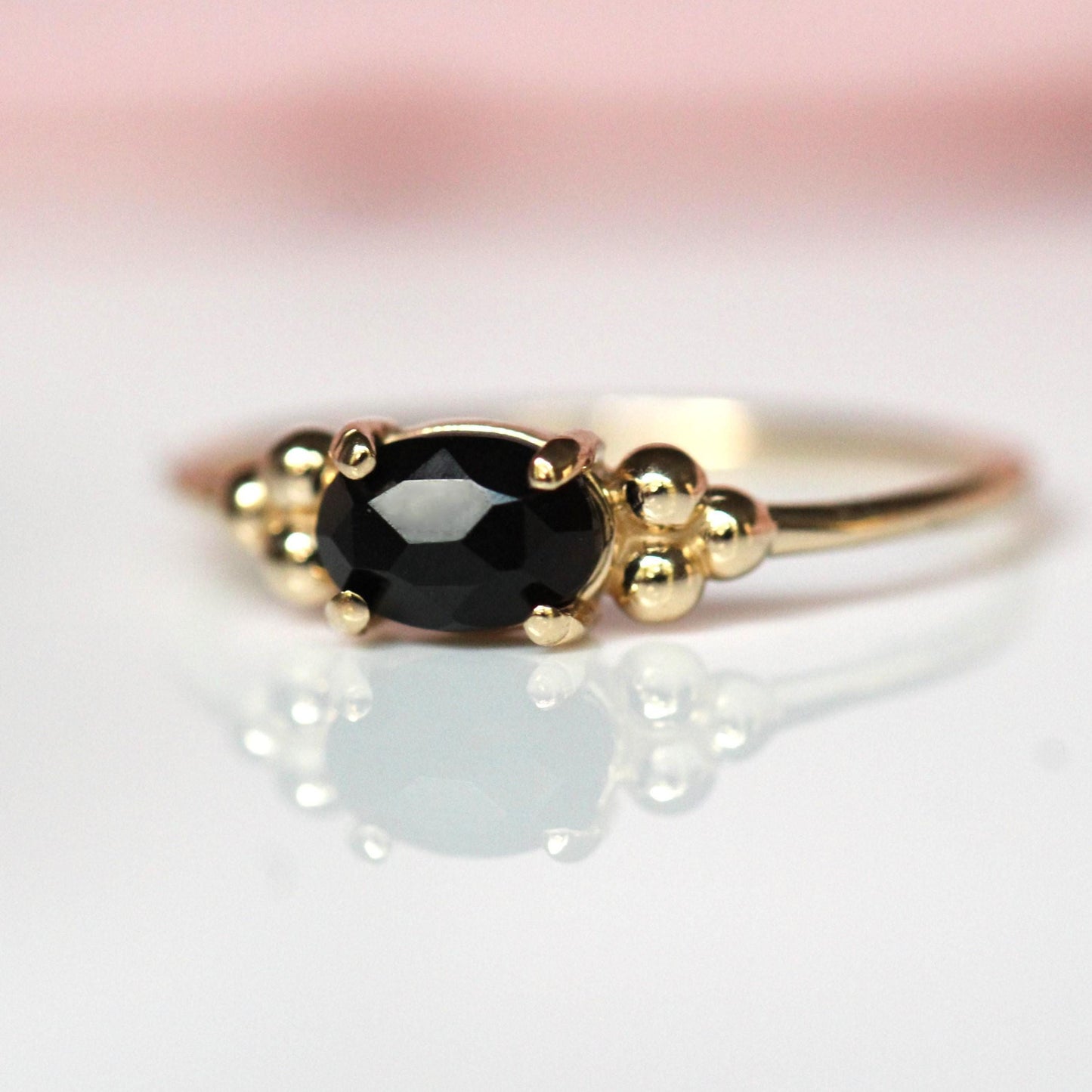 14K Onyx Triple Bead Ring, Rose-cut Oval Onyx, Black Stone Ring, 10K Gold, Solid Gold Ring, Accented Stone, East West Oval, Low Profile