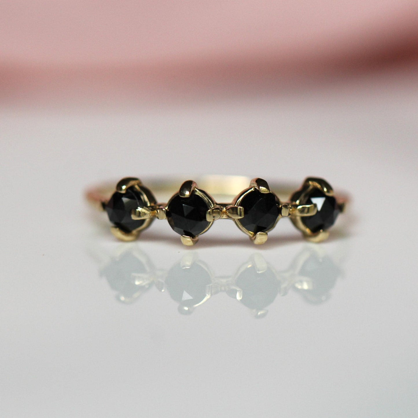 14K Black Diamond Row Ring, Black Spinel Row Ring, 10K Gold Ring, Black Stone Ring, Rose-cut Stone, Four Stone Ring, Minimal Jewelry