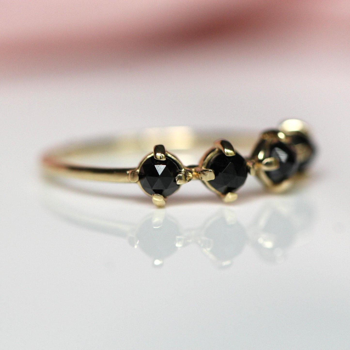 14K Black Diamond Row Ring, Black Spinel Row Ring, 10K Gold Ring, Black Stone Ring, Rose-cut Stone, Four Stone Ring, Minimal Jewelry
