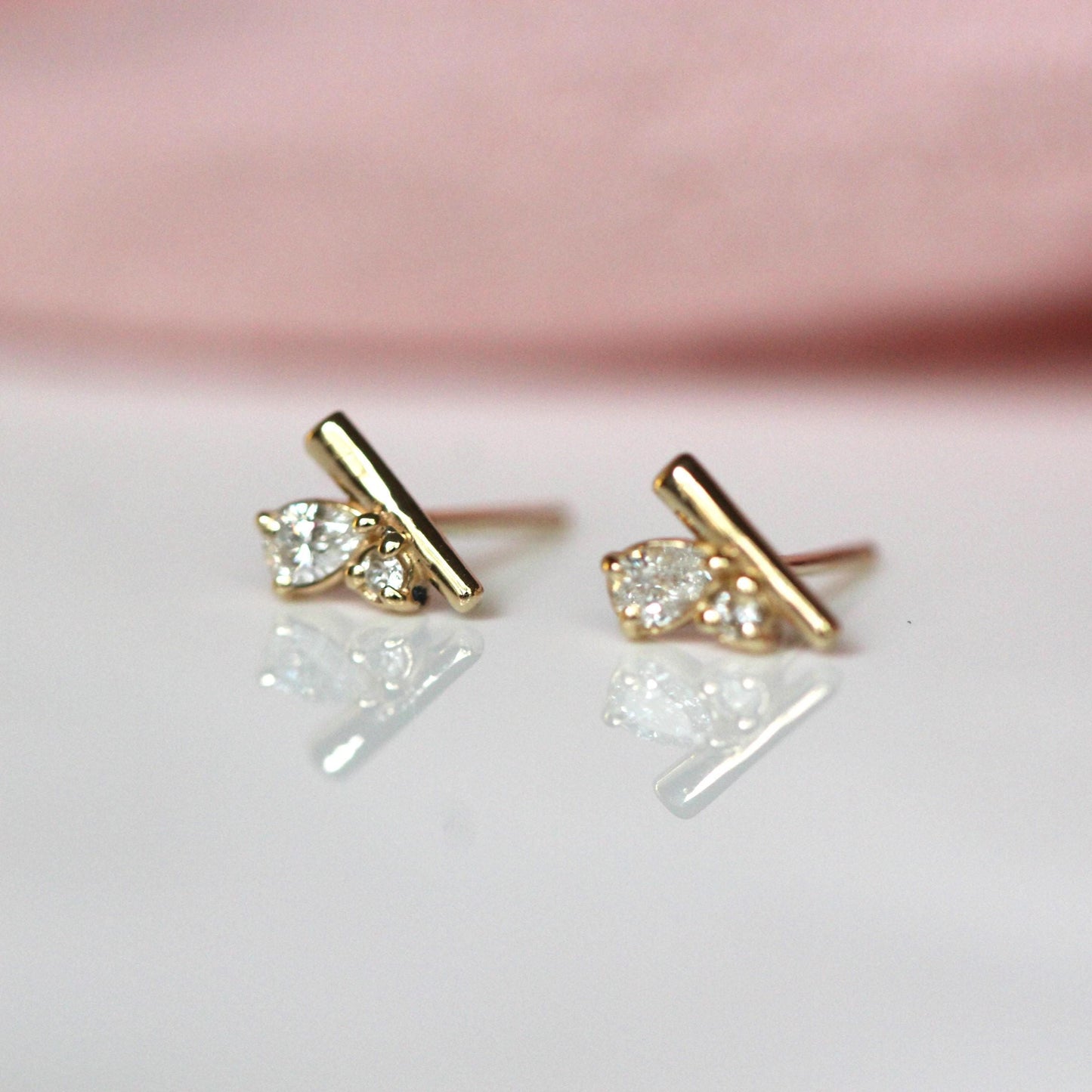 14K Gold Diamond Cluster Studs, Bar Cluster Studs, Tear Setting, Pear Setting, Mixed Shape, Natural or Lab Diamond, Solid Gold, Post Stud