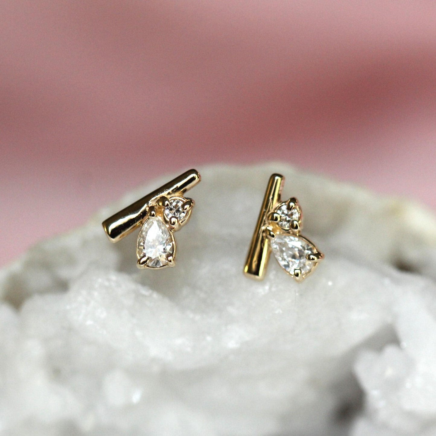 14K Gold Diamond Cluster Studs, Bar Cluster Studs, Tear Setting, Pear Setting, Mixed Shape, Natural or Lab Diamond, Solid Gold, Post Stud