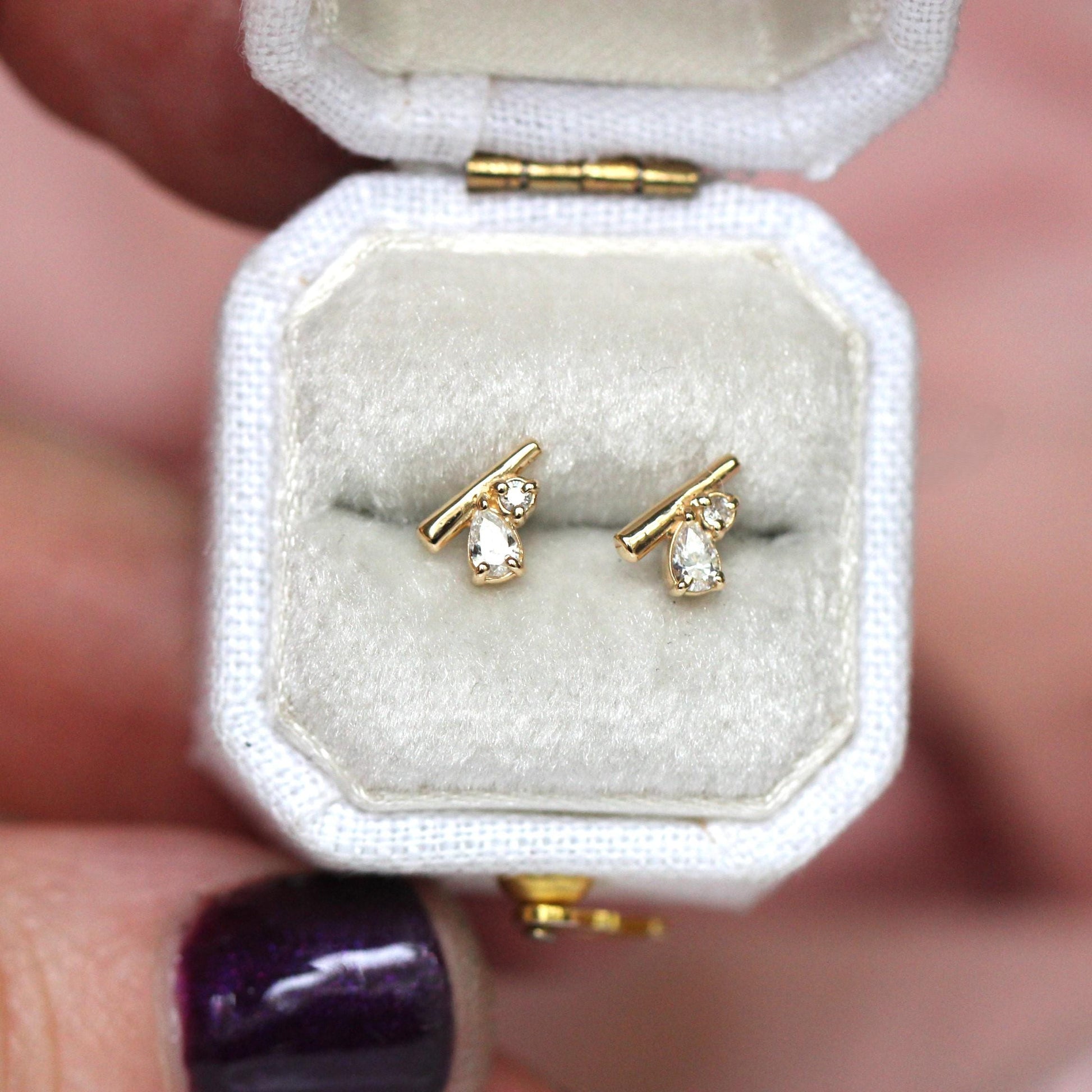 14K Gold Diamond Cluster Studs, Bar Cluster Studs, Tear Setting, Pear Setting, Mixed Shape, Natural or Lab Diamond, Solid Gold, Post Stud