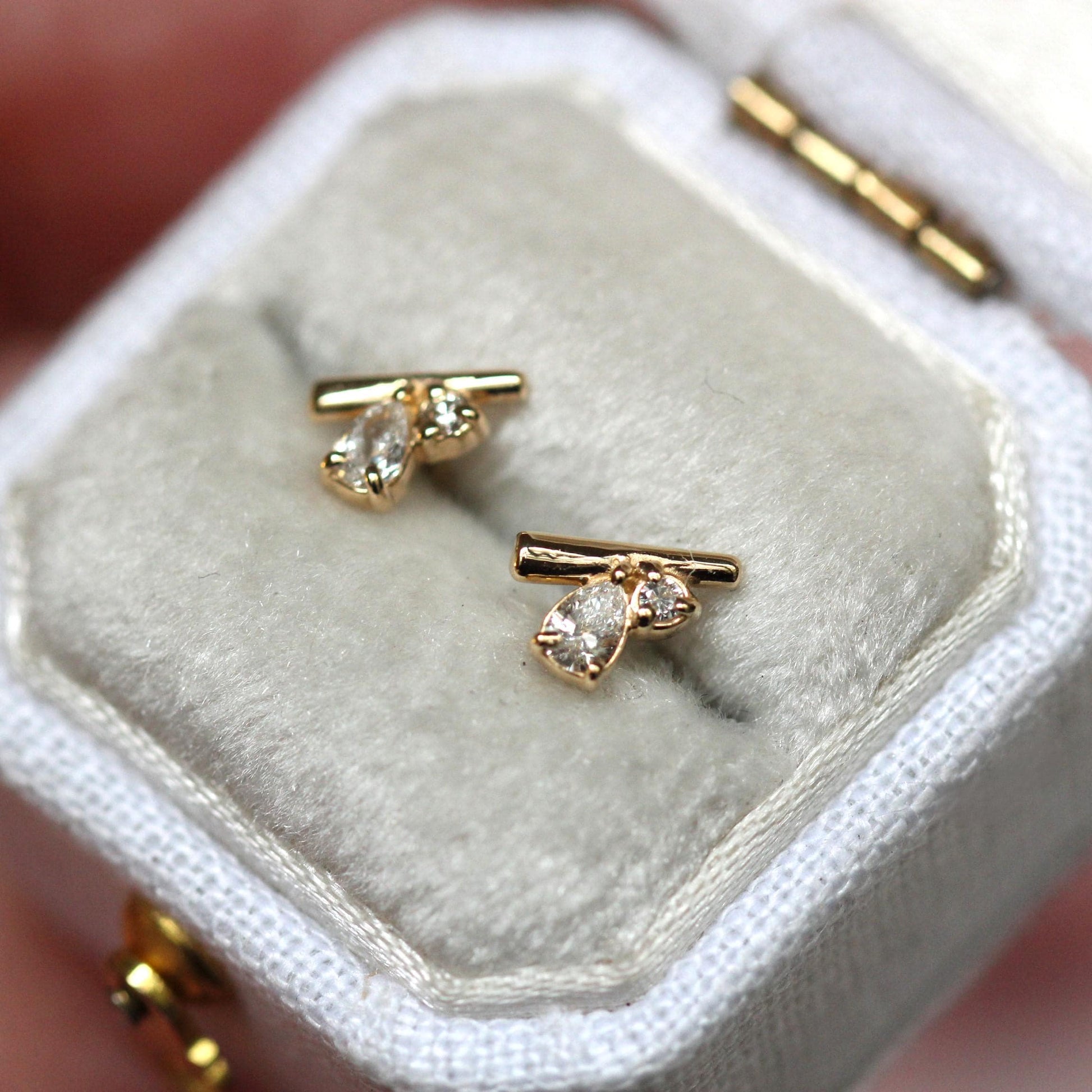 14K Gold Diamond Cluster Studs, Bar Cluster Studs, Tear Setting, Pear Setting, Mixed Shape, Natural or Lab Diamond, Solid Gold, Post Stud