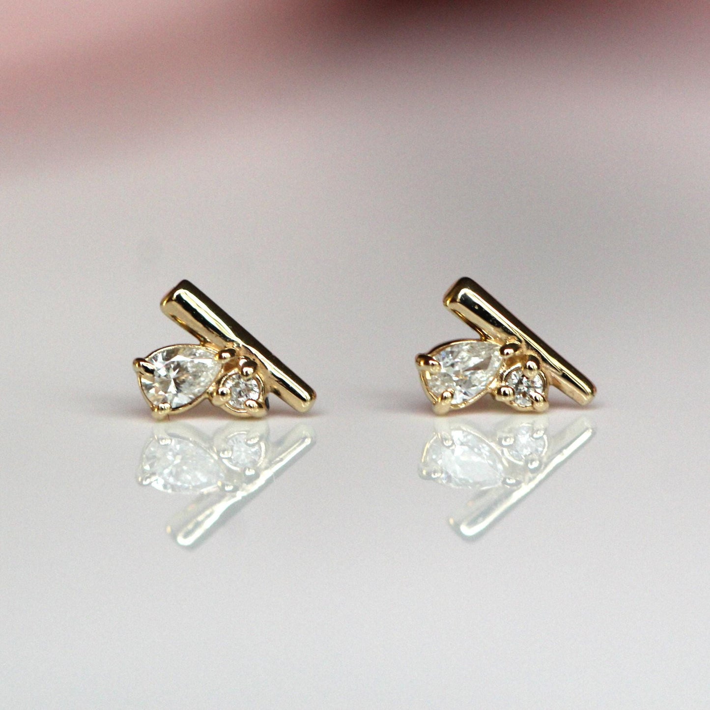 14K Gold Diamond Cluster Studs, Bar Cluster Studs, Tear Setting, Pear Setting, Mixed Shape, Natural or Lab Diamond, Solid Gold, Post Stud