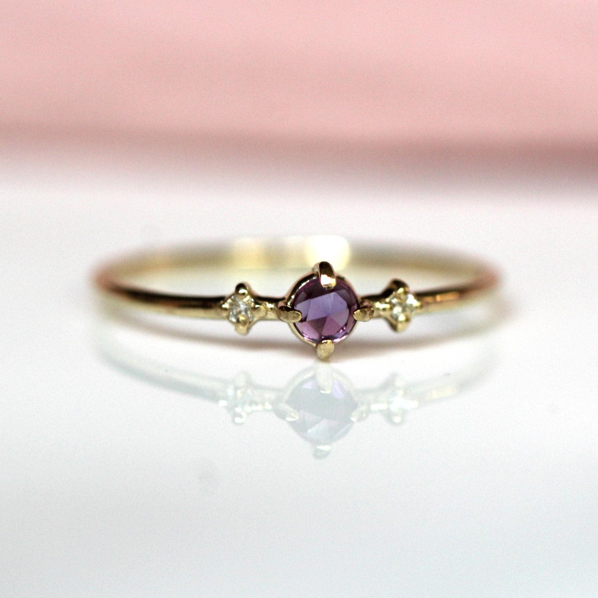 14K Amethyst Three Stone Ring, Side Diamond, Rose-cut Amethyst, 10K Gold, Solid Gold Ring, Purple Stone Ring, February Birthstone Ring