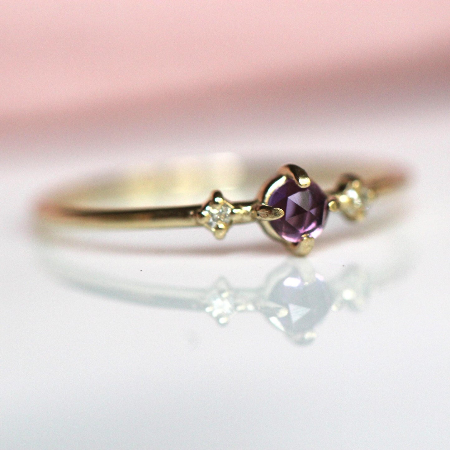 14K Amethyst Three Stone Ring, Side Diamond, Rose-cut Amethyst, 10K Gold, Solid Gold Ring, Purple Stone Ring, February Birthstone Ring