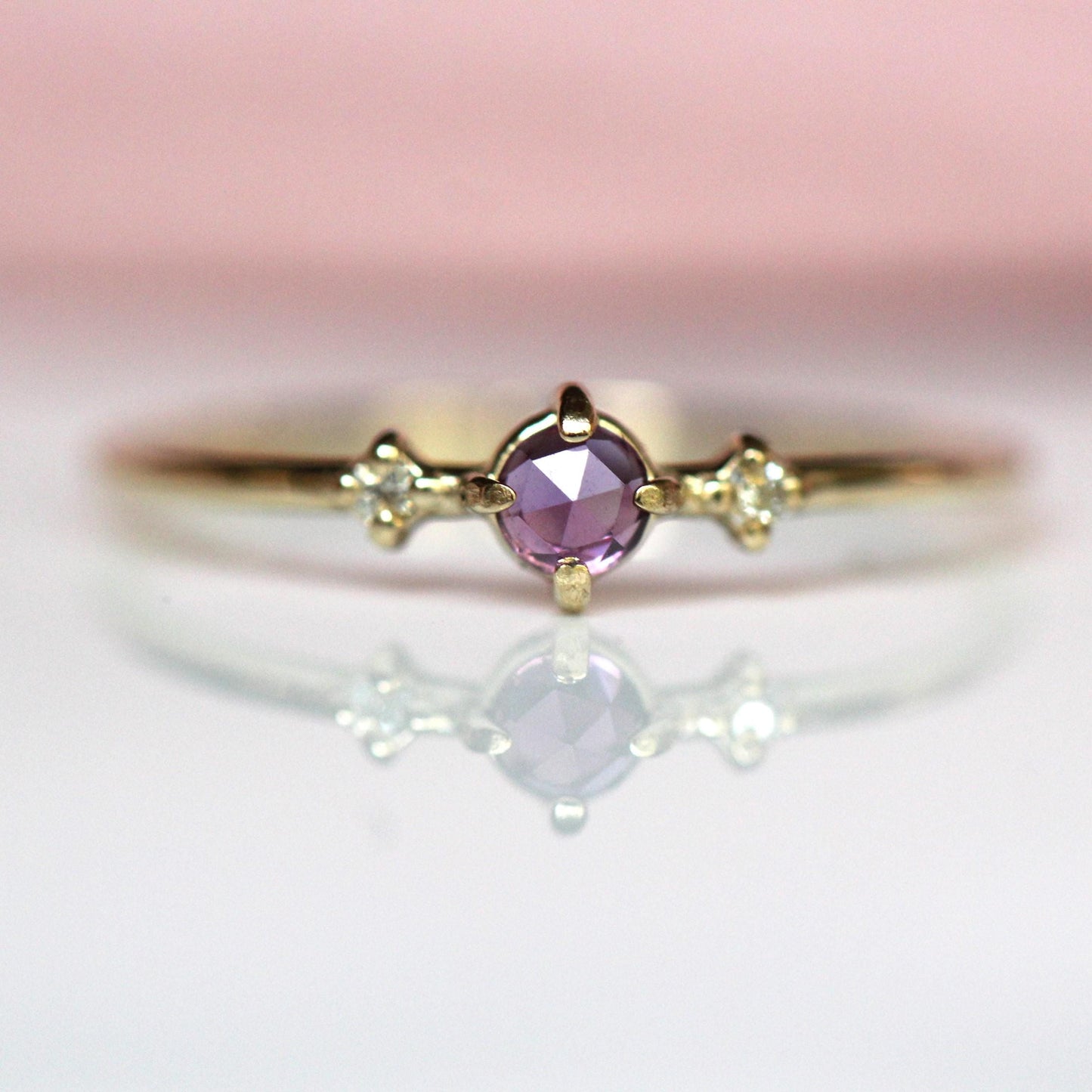 14K Amethyst Three Stone Ring, Side Diamond, Rose-cut Amethyst, 10K Gold, Solid Gold Ring, Purple Stone Ring, February Birthstone Ring