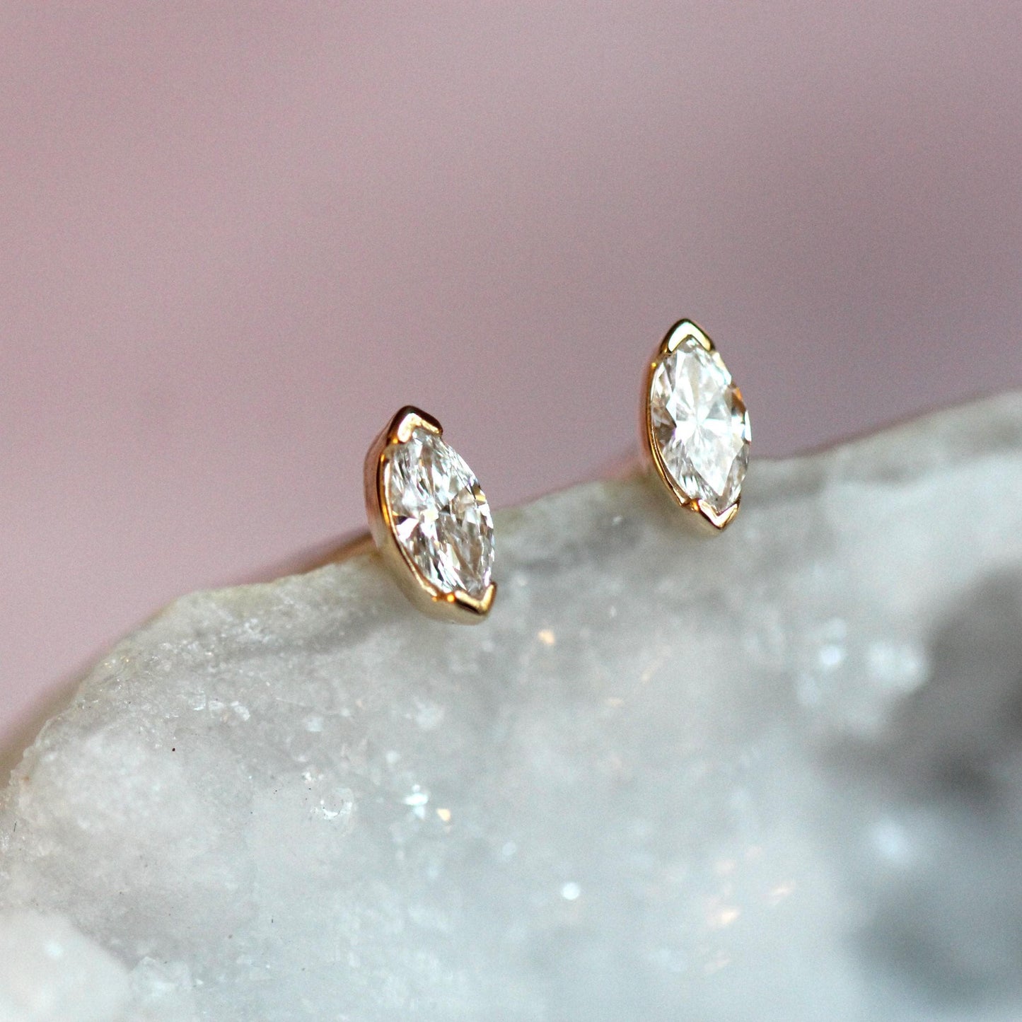 14K Gold Tiny Marquise Diamond Studs, Second Hole Stud, Solid Gold Earrings, Diamond Earings, Gift for Her, Post, Eye shape