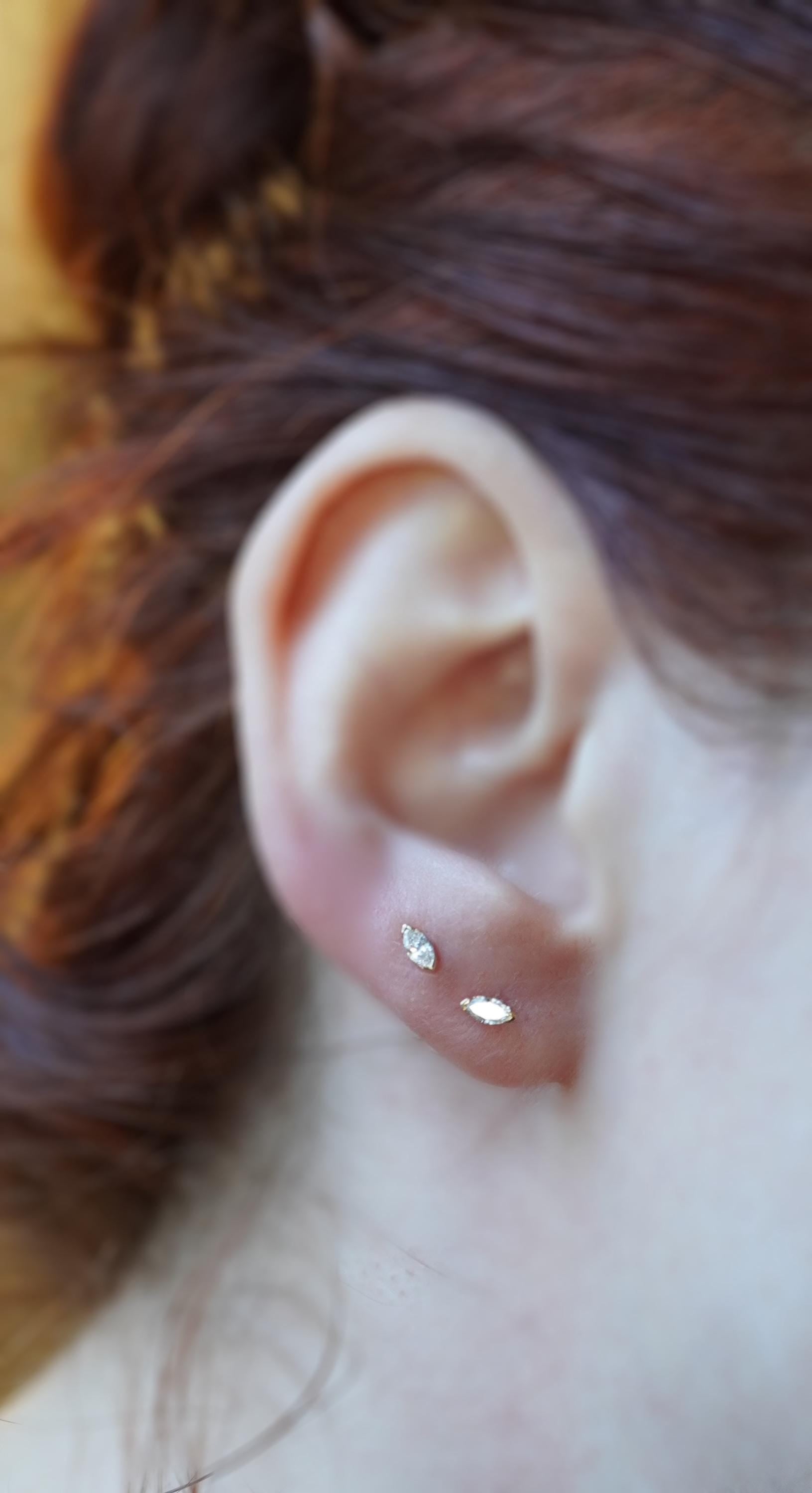 14K Gold Tiny Marquise Diamond Studs, Second Hole Stud, Solid Gold Earrings, Diamond Earings, Gift for Her, Post, Eye shape