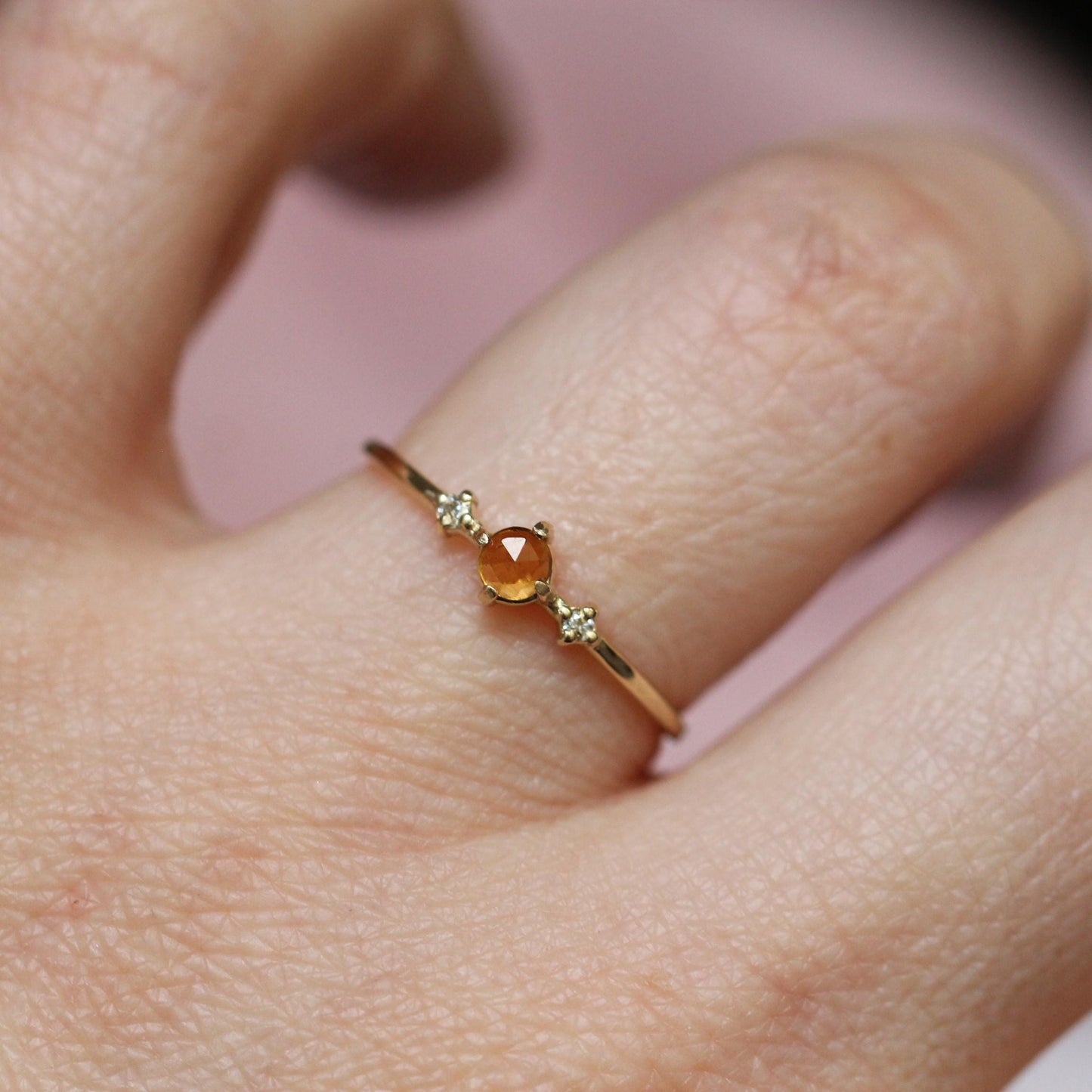 14K Citrine Three Stone Ring, Side Diamond, Rose-cut Citrine, 10K Gold, Solid Gold Ring, Yellow Stone Ring, November Birthstone Ring
