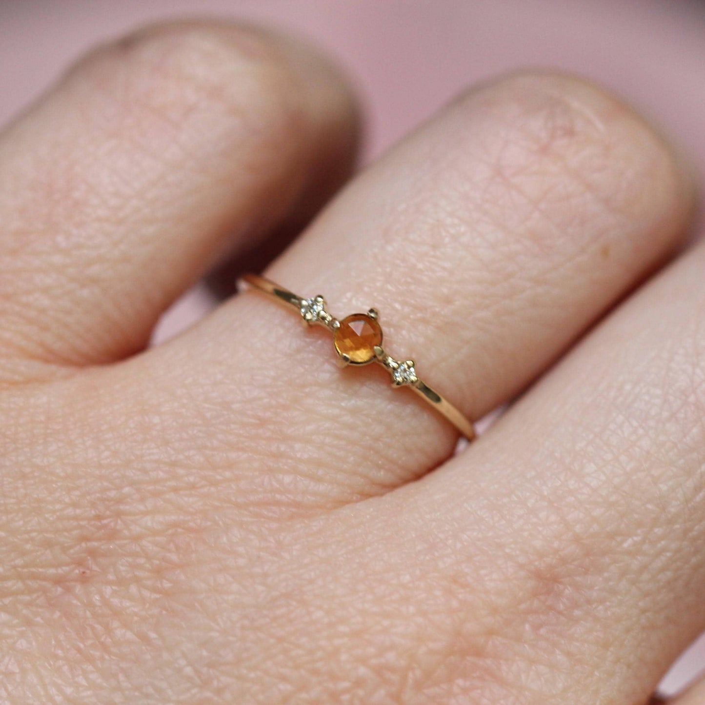 14K Citrine Three Stone Ring, Side Diamond, Rose-cut Citrine, 10K Gold, Solid Gold Ring, Yellow Stone Ring, November Birthstone Ring