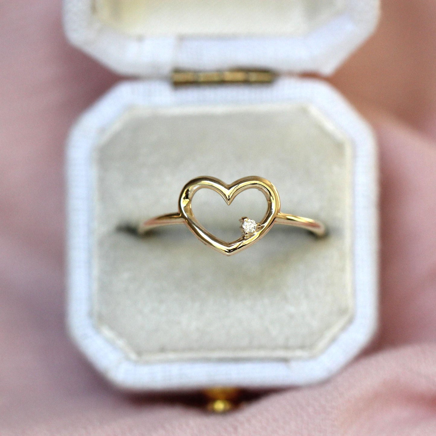 14K Heart Ring, Diamond Heart Ring, Open Heart Ring, Sold Gold Heart Ring, Gifts For Her, Asymmetrical Diamond, Cute Ring, Real Gold, 10K