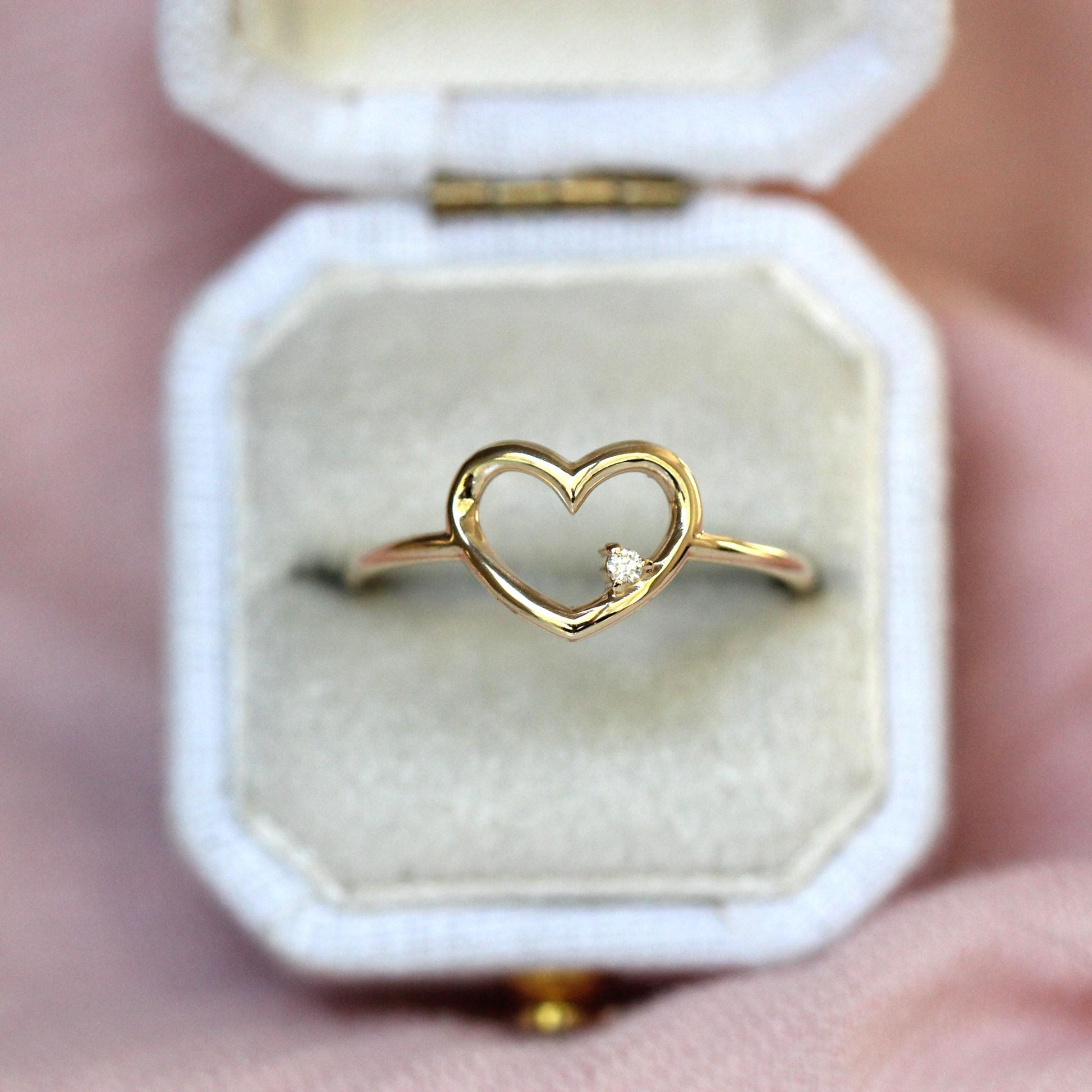 14K Heart Ring, Diamond Heart Ring, Open Heart Ring, Sold Gold Heart Ring, Gifts For Her, Asymmetrical Diamond, Cute Ring, Real Gold, 10K