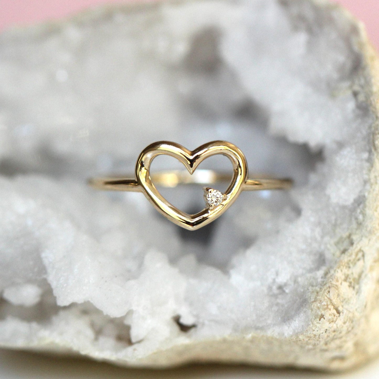 14K Heart Ring, Diamond Heart Ring, Open Heart Ring, Sold Gold Heart Ring, Gifts For Her, Asymmetrical Diamond, Cute Ring, Real Gold, 10K