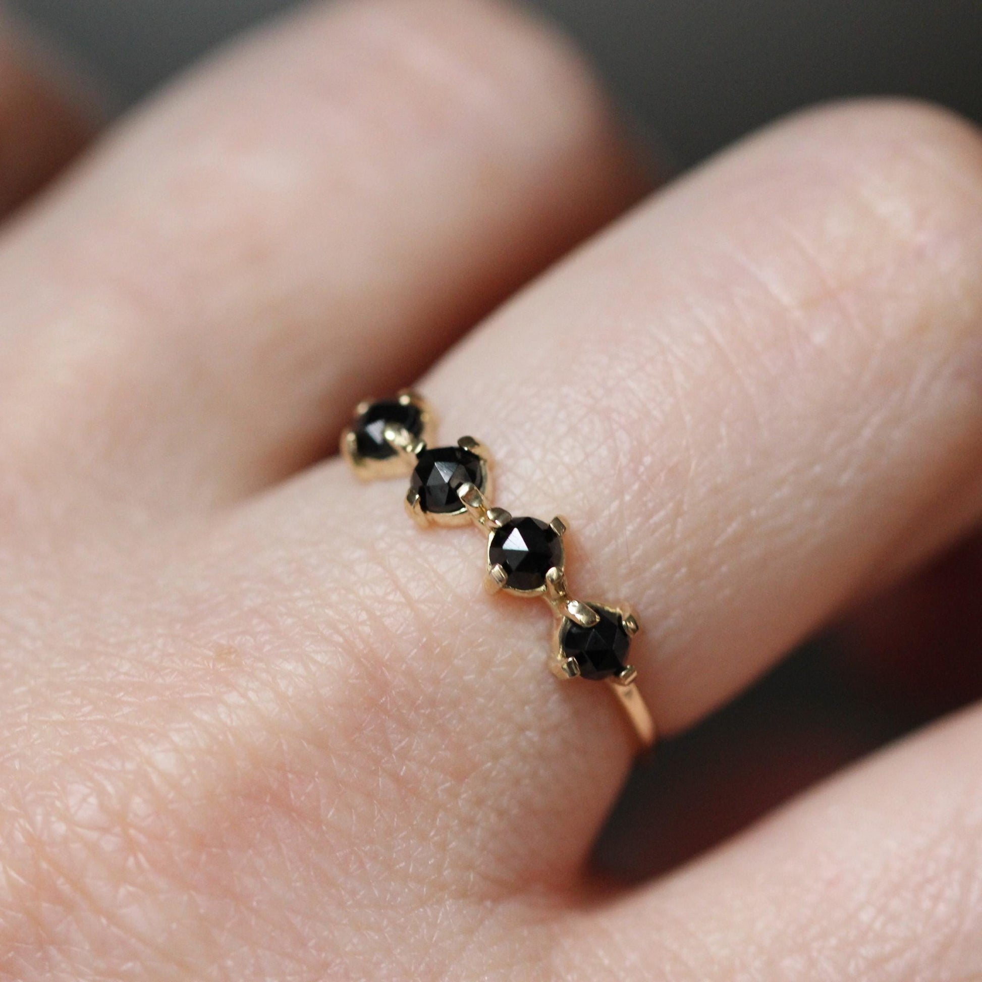 14K Black Diamond Row Ring, Black Spinel Row Ring, 10K Gold Ring, Black Stone Ring, Rose-cut Stone, Four Stone Ring, Minimal Jewelry