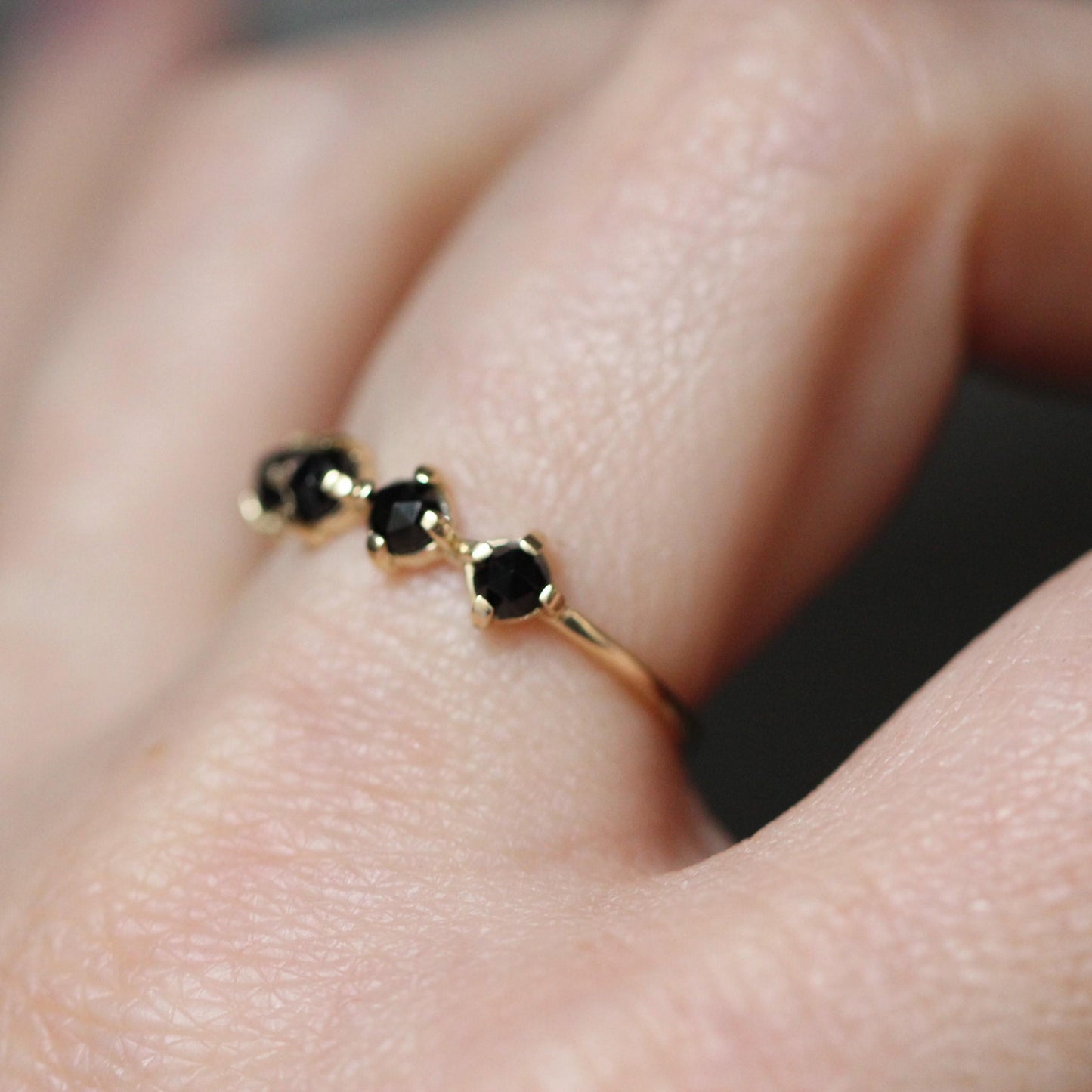 14K Black Diamond Row Ring, Black Spinel Row Ring, 10K Gold Ring, Black Stone Ring, Rose-cut Stone, Four Stone Ring, Minimal Jewelry