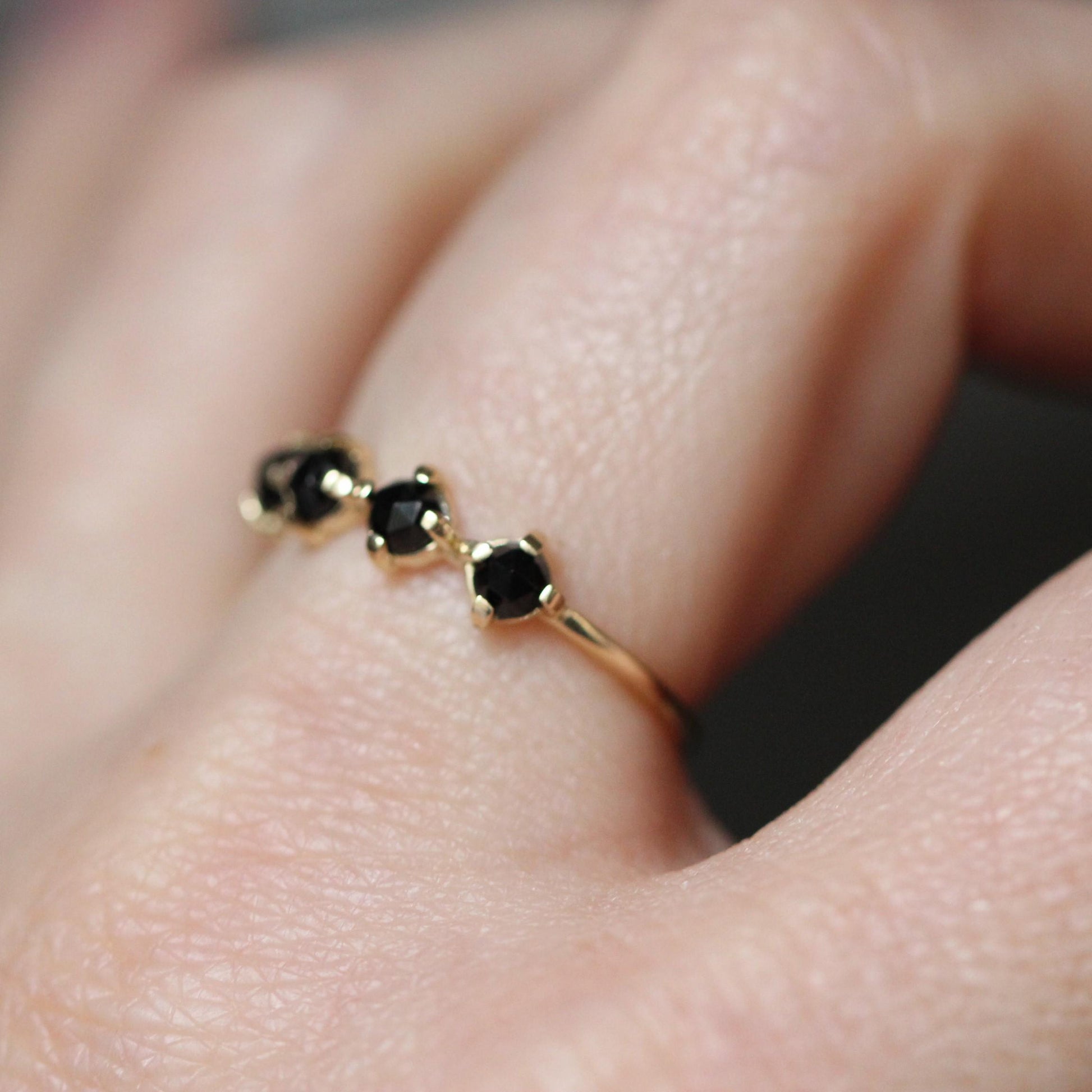 14K Black Diamond Row Ring, Black Spinel Row Ring, 10K Gold Ring, Black Stone Ring, Rose-cut Stone, Four Stone Ring, Minimal Jewelry