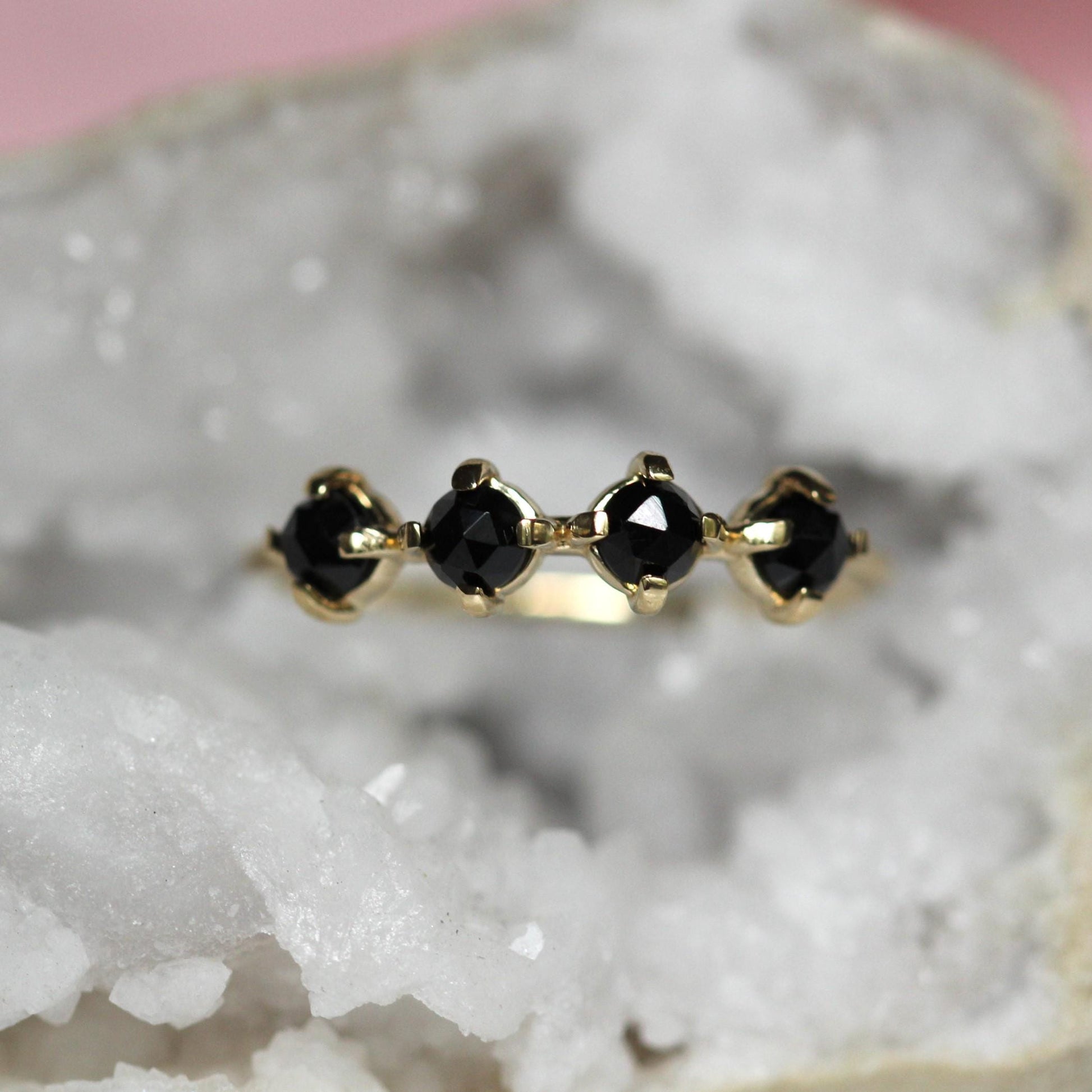 14K Black Diamond Row Ring, Black Spinel Row Ring, 10K Gold Ring, Black Stone Ring, Rose-cut Stone, Four Stone Ring, Minimal Jewelry
