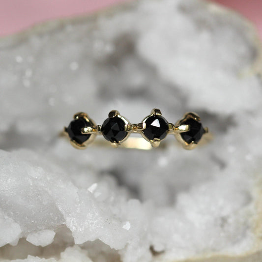 14K Black Diamond Row Ring, Black Spinel Row Ring, 10K Gold Ring, Black Stone Ring, Rose-cut Stone, Four Stone Ring, Minimal Jewelry