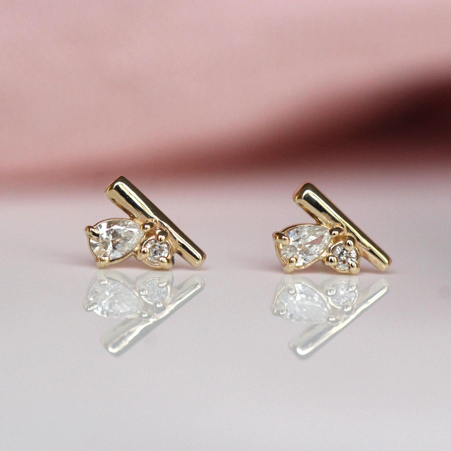 14K Gold Diamond Cluster Studs, Bar Cluster Studs, Tear Setting, Pear Setting, Mixed Shape, Natural or Lab Diamond, Solid Gold, Post Stud