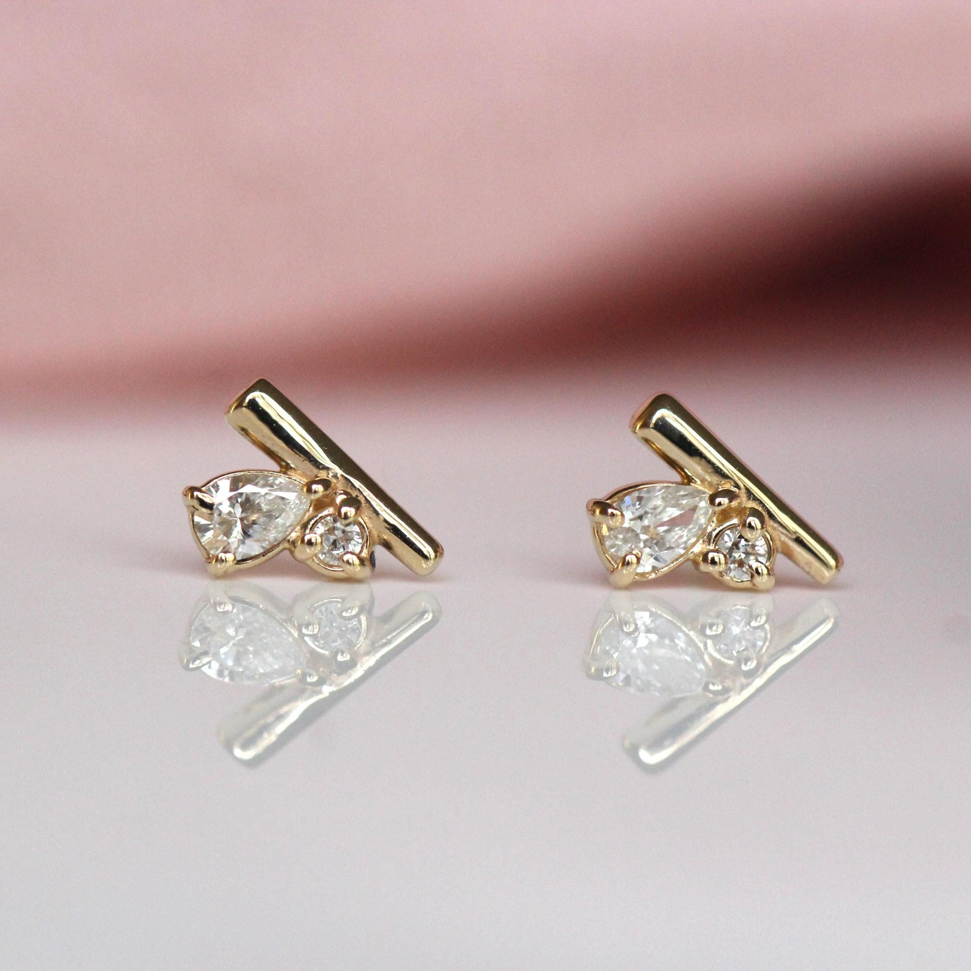 14K Gold Diamond Cluster Studs, Bar Cluster Studs, Tear Setting, Pear Setting, Mixed Shape, Natural or Lab Diamond, Solid Gold, Post Stud