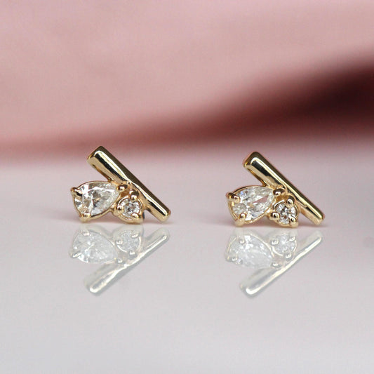 14K Gold Diamond Cluster Studs, Bar Cluster Studs, Tear Setting, Pear Setting, Mixed Shape, Natural or Lab Diamond, Solid Gold, Post Stud