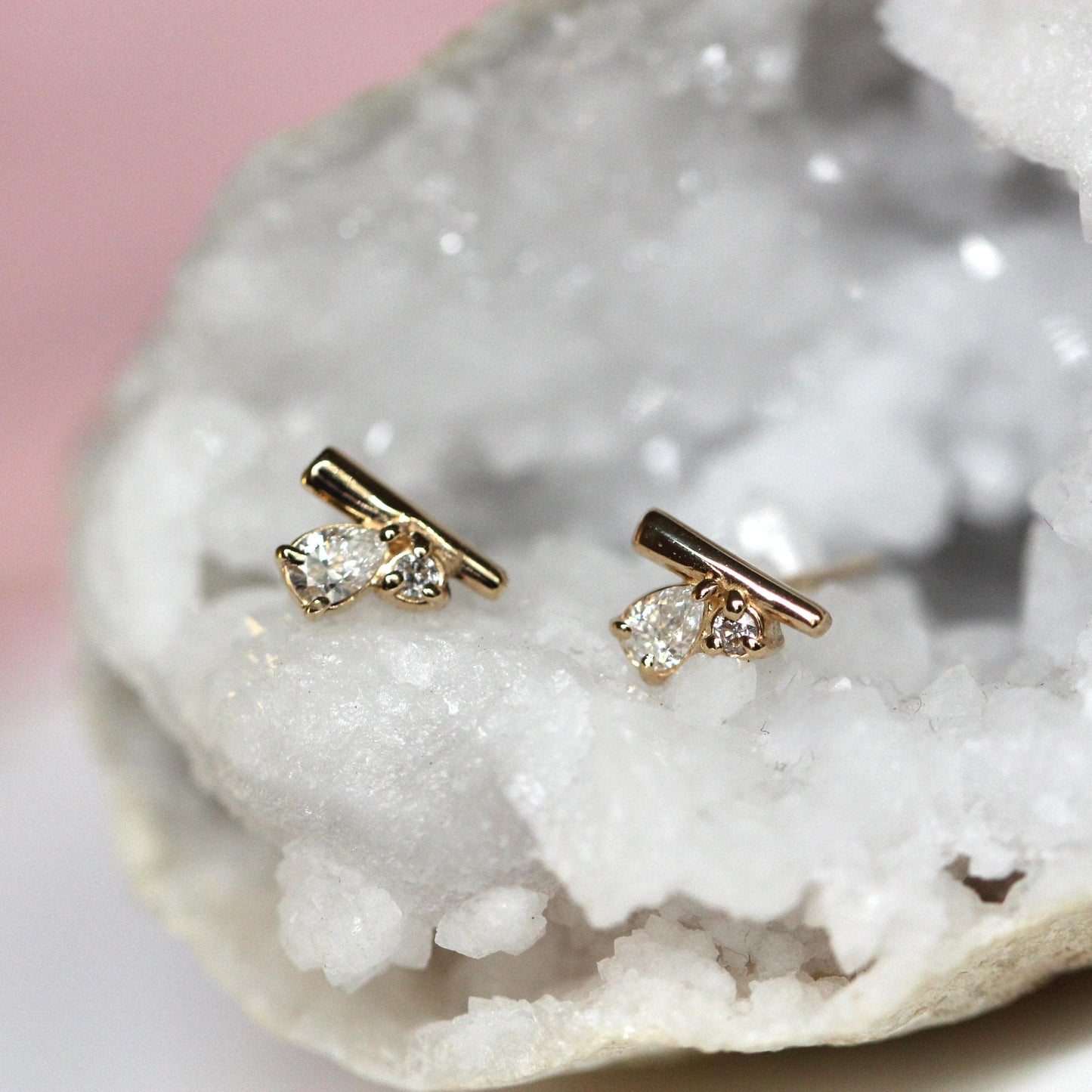 14K Gold Diamond Cluster Studs, Bar Cluster Studs, Tear Setting, Pear Setting, Mixed Shape, Natural or Lab Diamond, Solid Gold, Post Stud