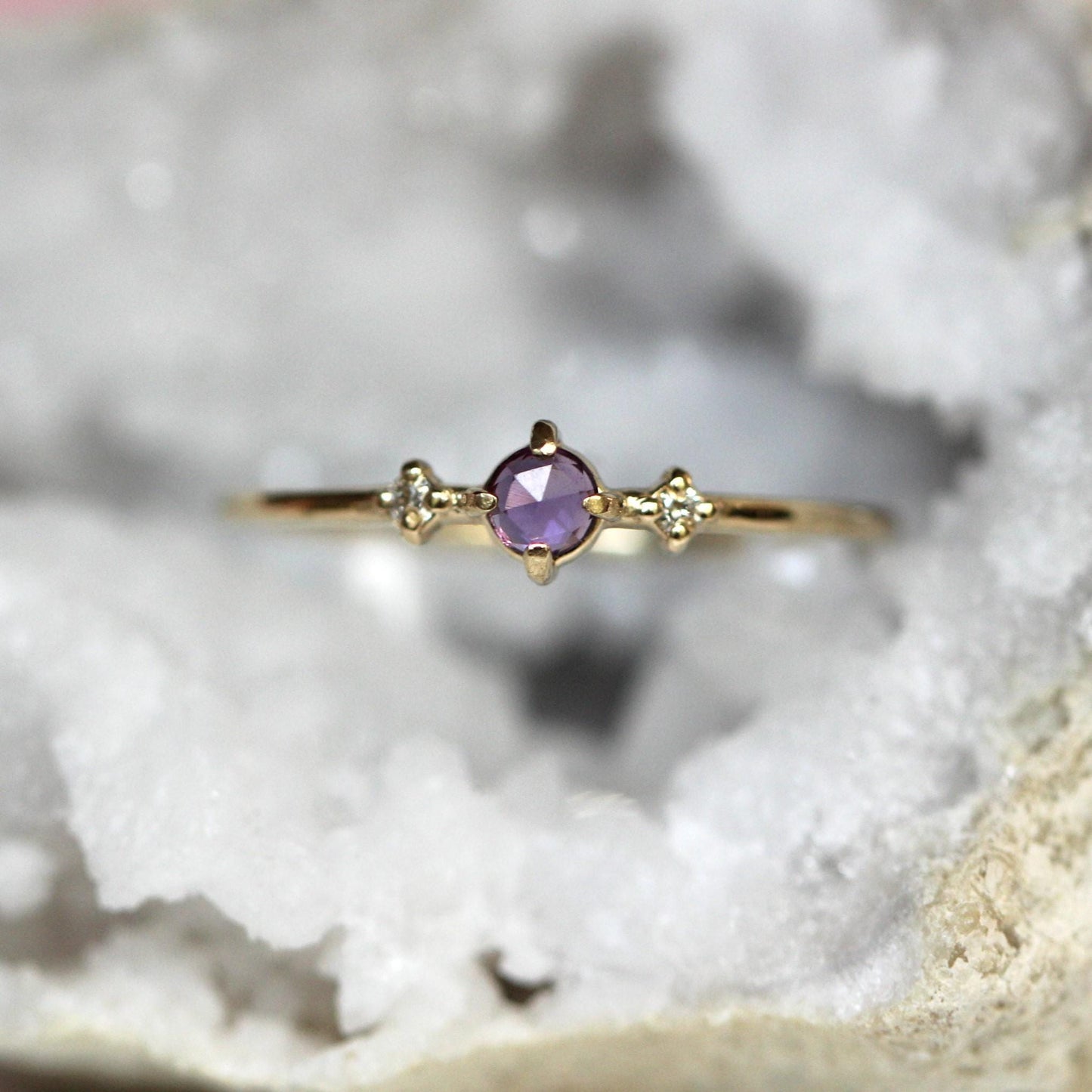 14K Amethyst Three Stone Ring, Side Diamond, Rose-cut Amethyst, 10K Gold, Solid Gold Ring, Purple Stone Ring, February Birthstone Ring