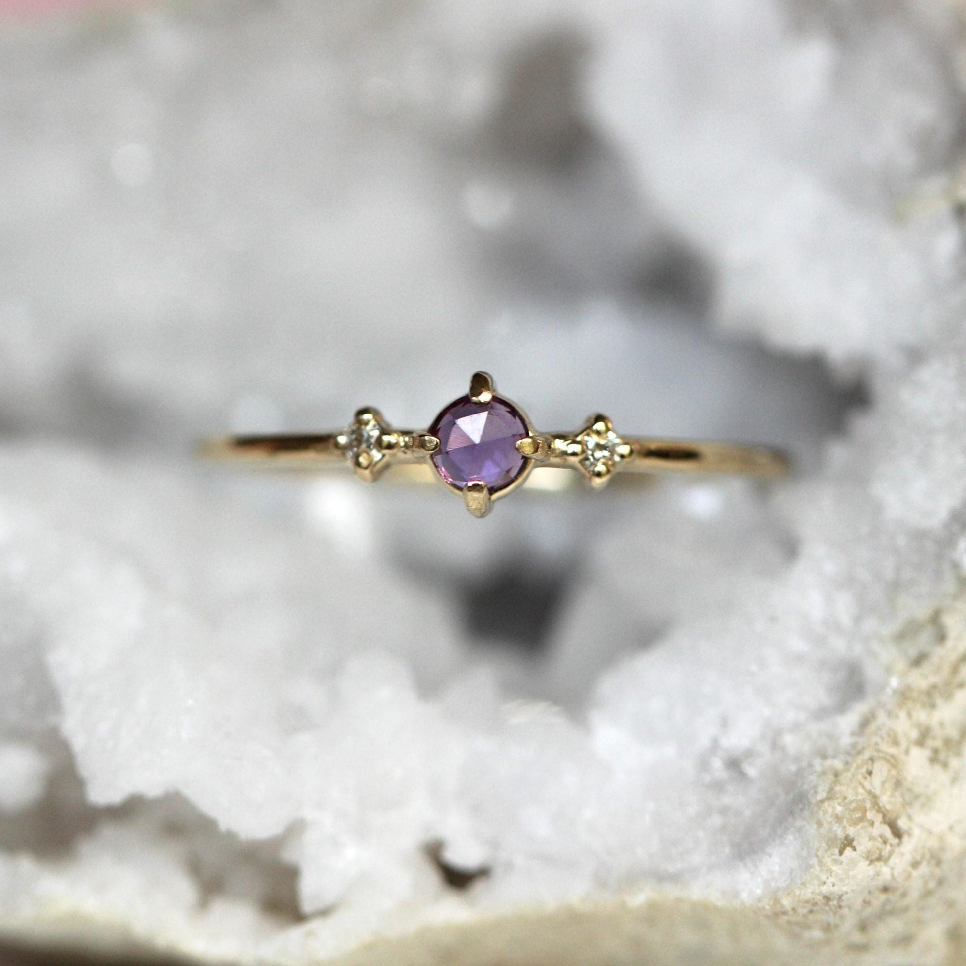 14K Amethyst Three Stone Ring, Side Diamond, Rose-cut Amethyst, 10K Gold, Solid Gold Ring, Purple Stone Ring, February Birthstone Ring
