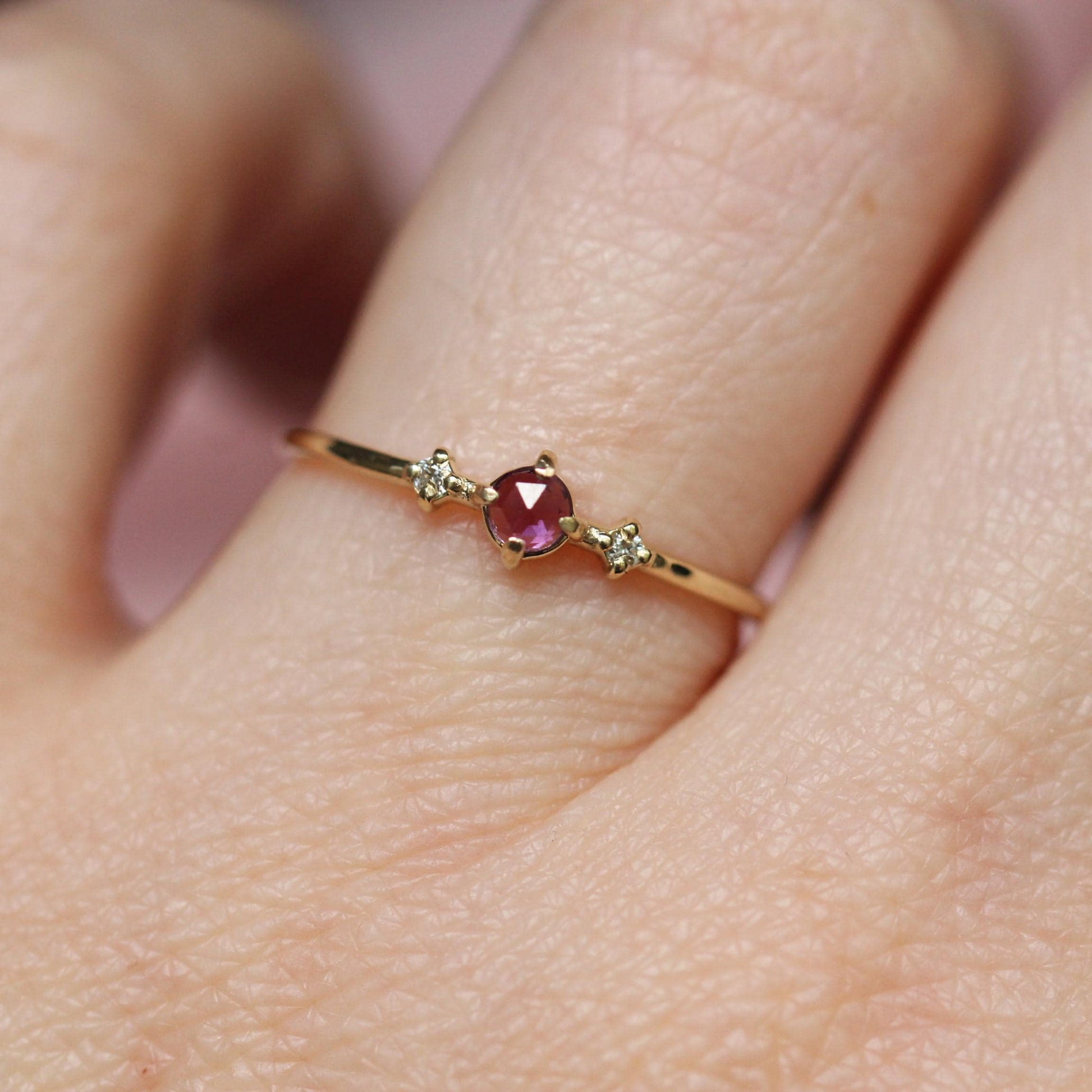 14K Amethyst Three Stone Ring, Side Diamond, Rose-cut Amethyst, 10K Gold, Solid Gold Ring, Purple Stone Ring, February Birthstone Ring